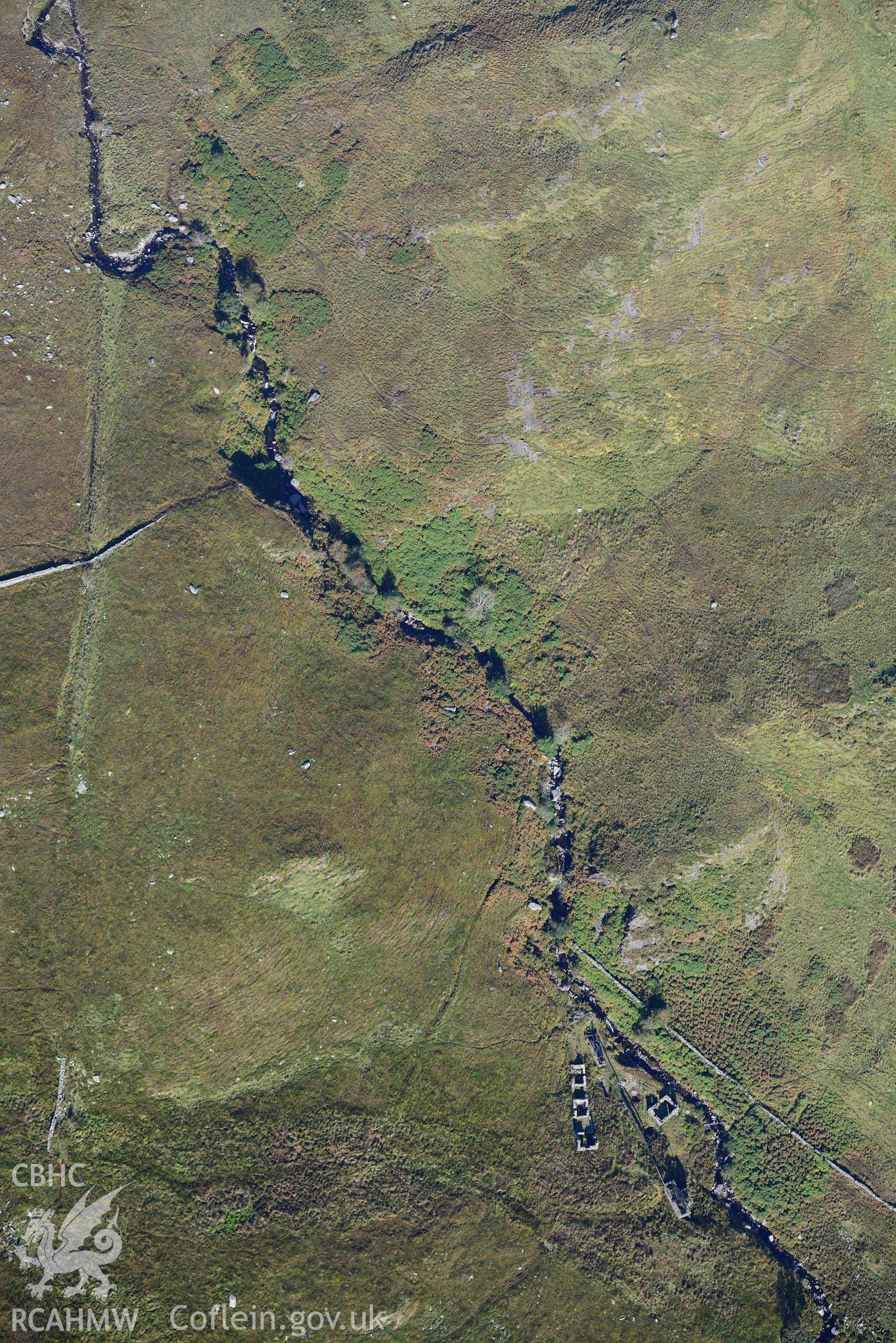 Gilfach copper mine, Dolbenmaen. Oblique aerial photograph taken during the Royal Commission's programme of archaeological aerial reconnaissance by Toby Driver on 2nd October 2015.