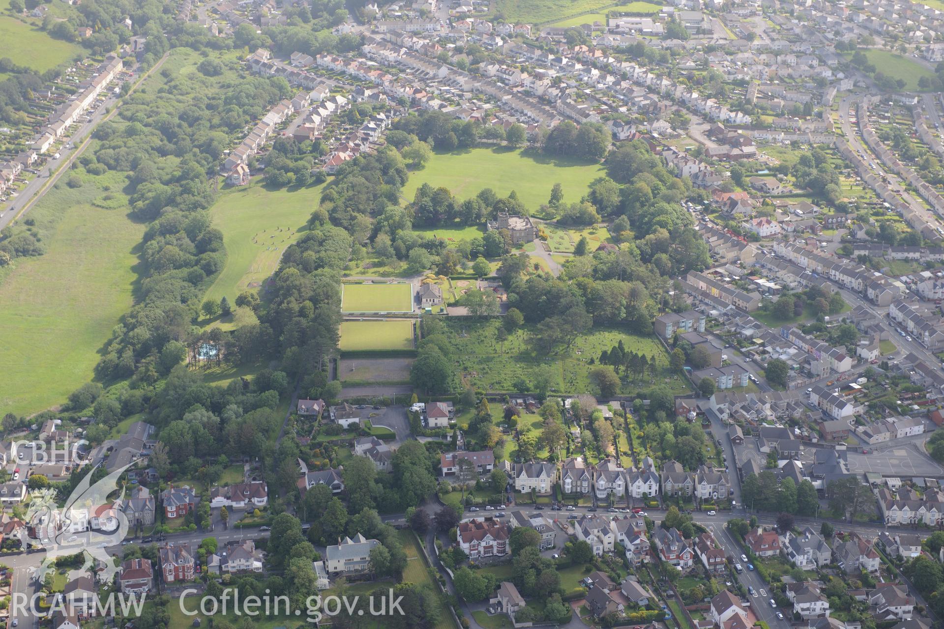 Bryncaerau Castle (now Parc Howard Museum); Parc Howard Gardens and the grounds and gardens of Bryncaerau, on the north western outskirts of Llanelli. Oblique aerial photograph taken during the Royal Commission's programme of archaeological aerial reconnaissance by Toby Driver on 19th June 2018
