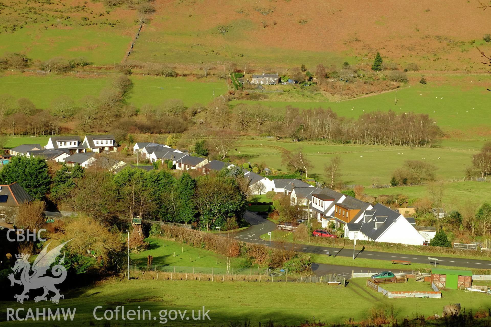 Colour photograph showing view looking north at Tan y Fedw, Abergynolwyn, produced by Richard Hayman 7th February 2017