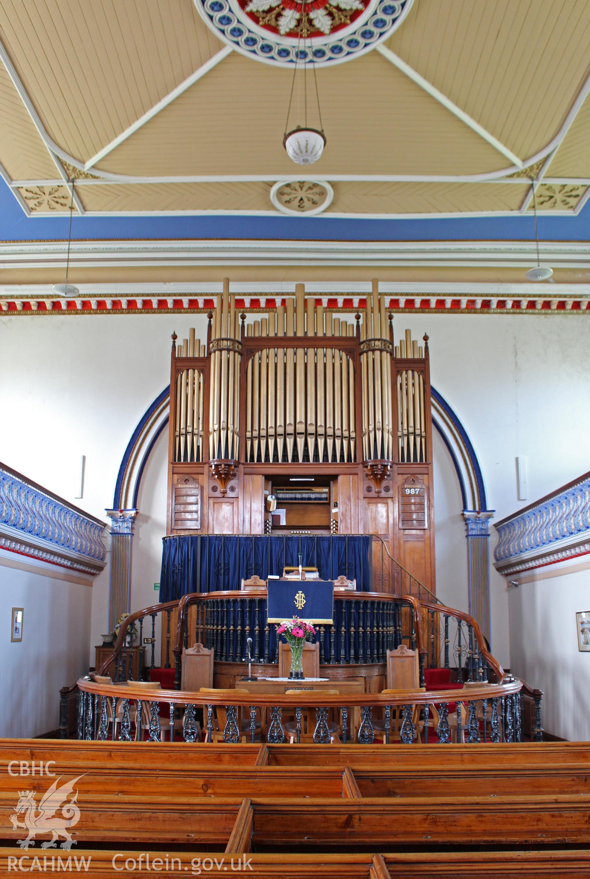 Interior view showing organ and pulpit. Photographic survey of Seion Welsh Baptist Chapel, Morriston, conducted by Sue Fielding on 13th May 2017.