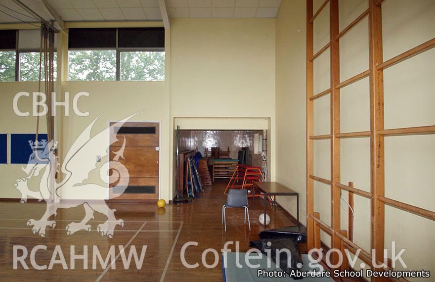 Undated digital colour photograph of the new gymnasium at Aberdare Girls Upper Comprehensive School. Included in material associated with a building recording conducted by Archaeology Wales, February 2018.