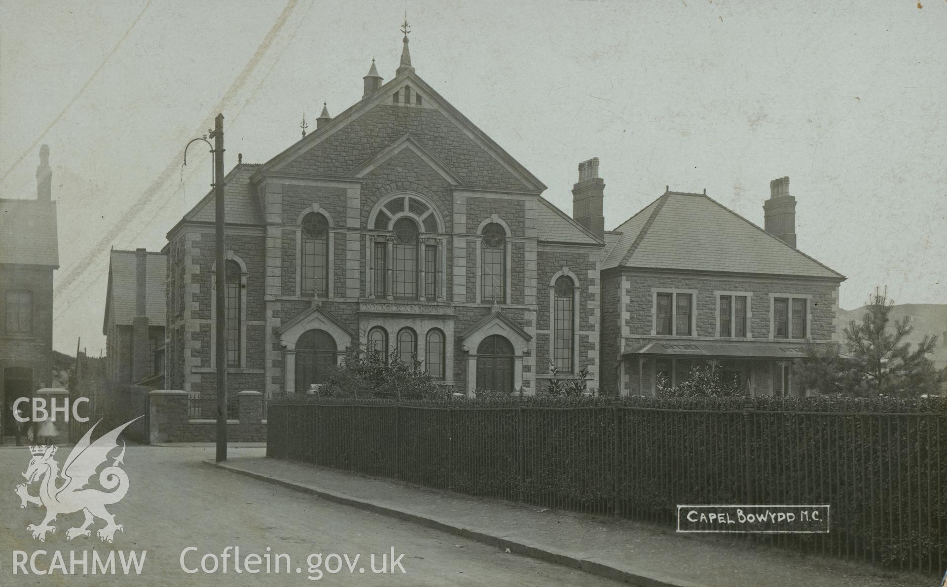 Digital copy of monochrome postcard showing exterior view of Bowydd Welsh Calvinistic Methodist chapel, New Market Square, Blaenau Ffestiniog. Loaned for copying by Thomas Lloyd.