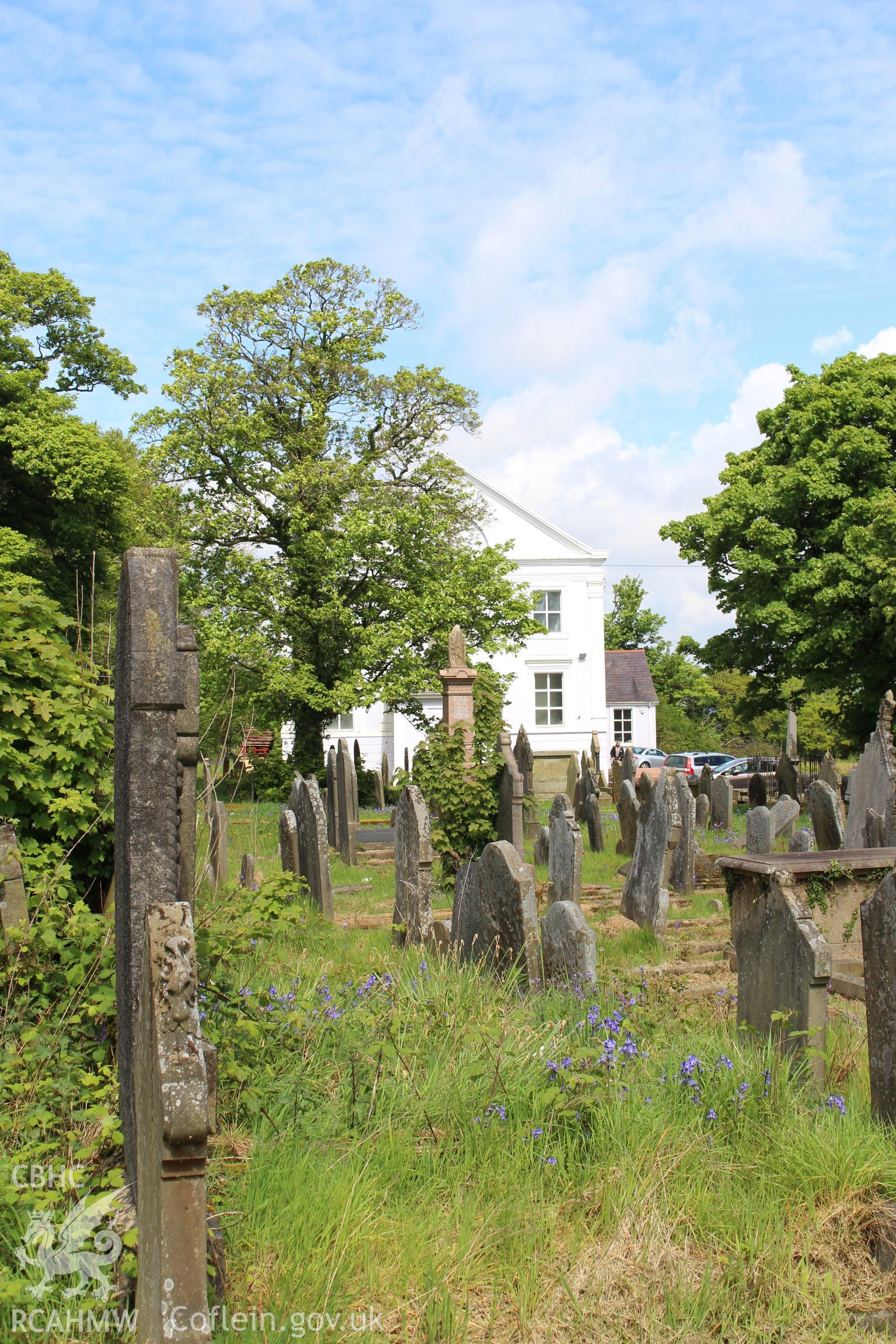 Colour photograph of graveyard and front facade of Mynydd-Bach Independent Chapel, Treboeth, Swansea, taken during photographic survey conducted by Sue Fielding on 13th May 2017.