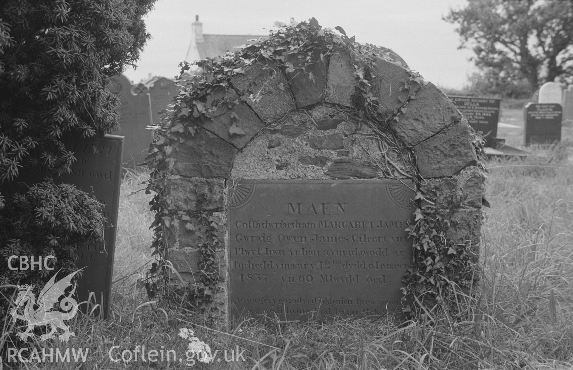 Digital copy of a black and white negative showing 1837 gravestone to the memory of Margaret James, Cilcert, at St. David's Church, Henfynyw, Aberaeron. Photographed by Arthur O. Chater on 5th September 1966 from Grid Reference SN 447 613.