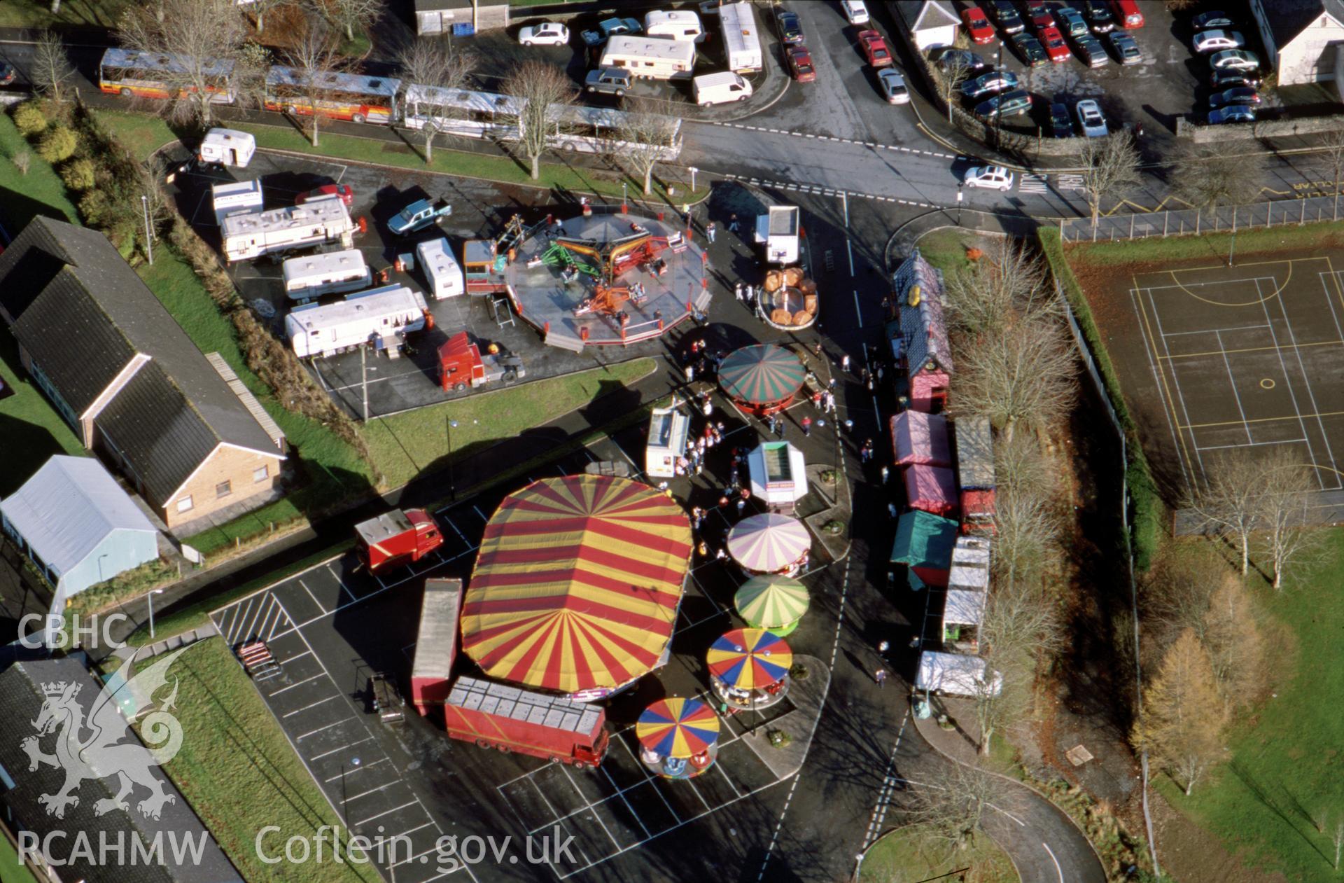 Digital copy of RCAHMW colour slide showing an aerial view of Lampeter Winter Fair.