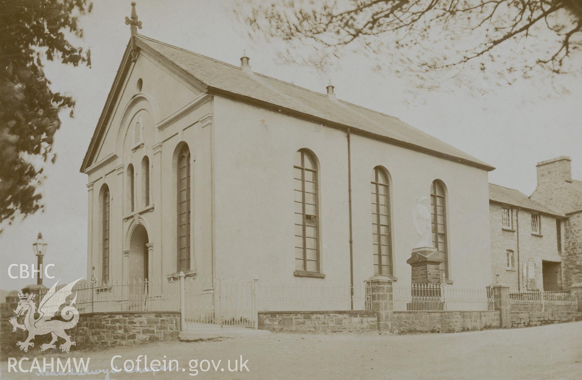 Digital copy of monochrome postcard showing exterior view of Neuadd-Lwyd Welsh Independent chapel, Neuadd-lwyd, Henfynyw, Aberaeron. Loaned for copying by Thomas Lloyd.