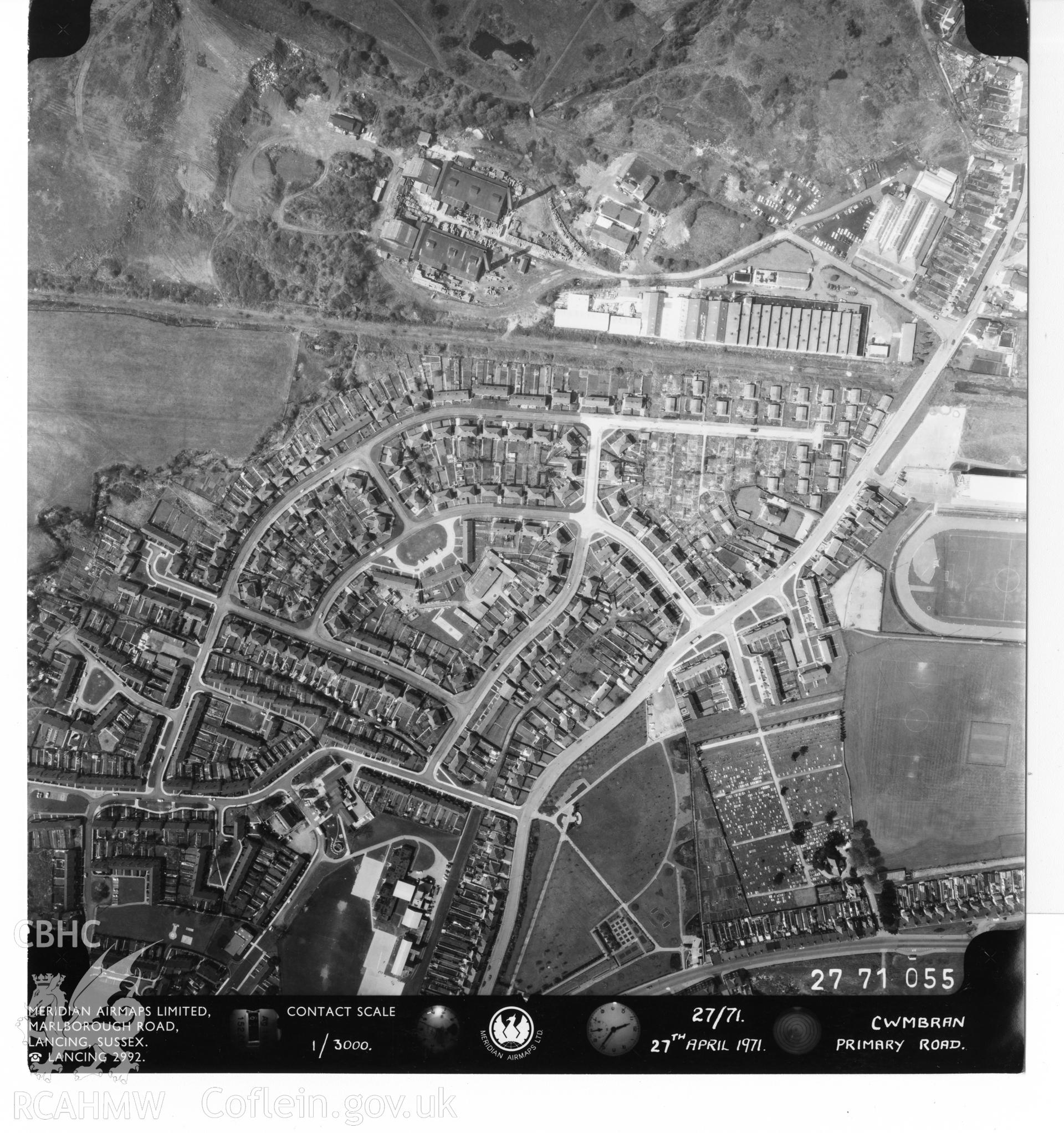 Aerial photograph of Primary Road, Cwmbran, taken on 27th April 1971. Included as part of Archaeology Wales' desk based assessment of former Llantarnam Community Primary School, Croeswen, Oakfield, Cwmbran, conducted in 2017.