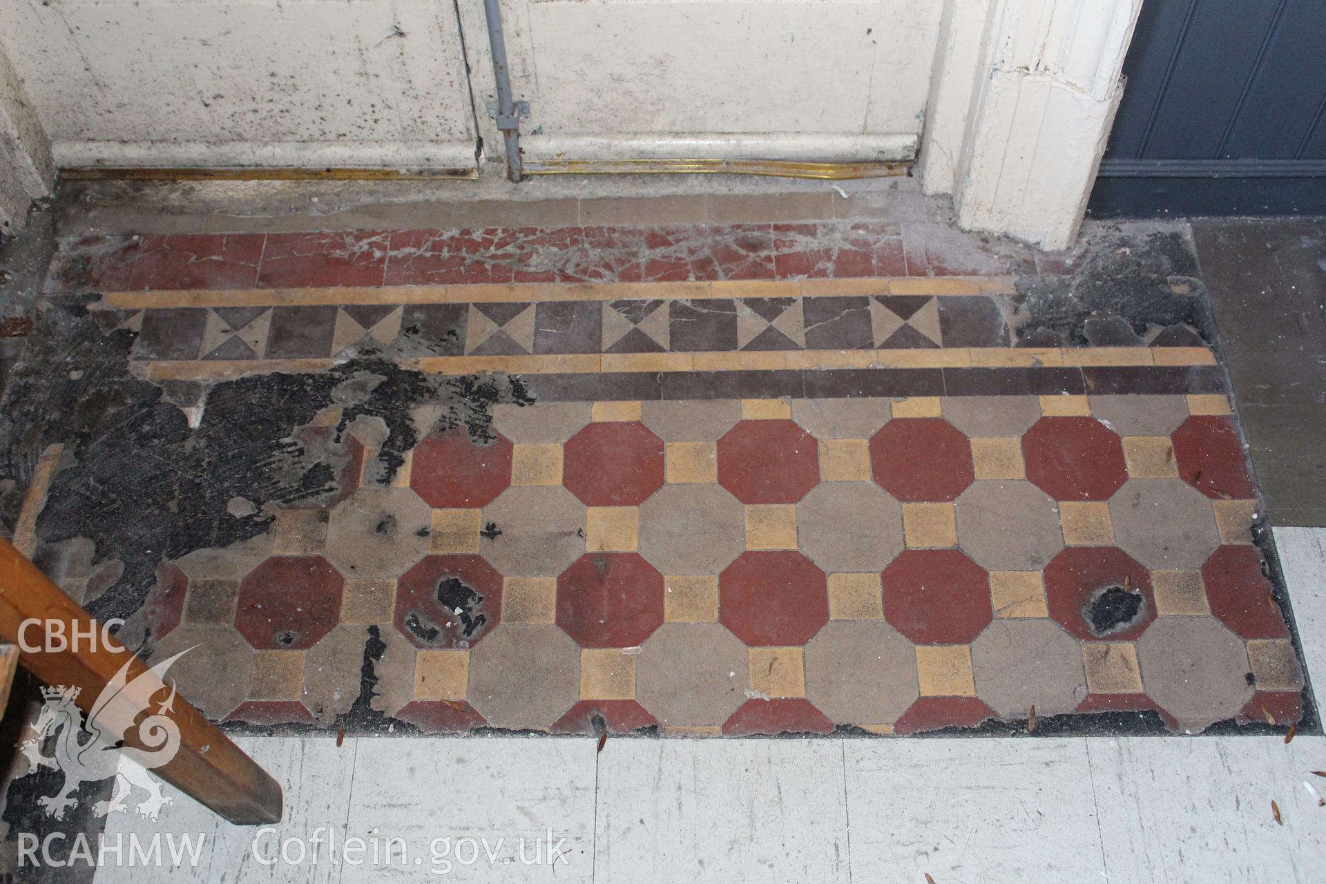 Detailed view of interior tiled floor at the Railway Institute, Bangor. Photographed during survey conducted by Sue Fielding for the RCAHMW on 4th April 2016.