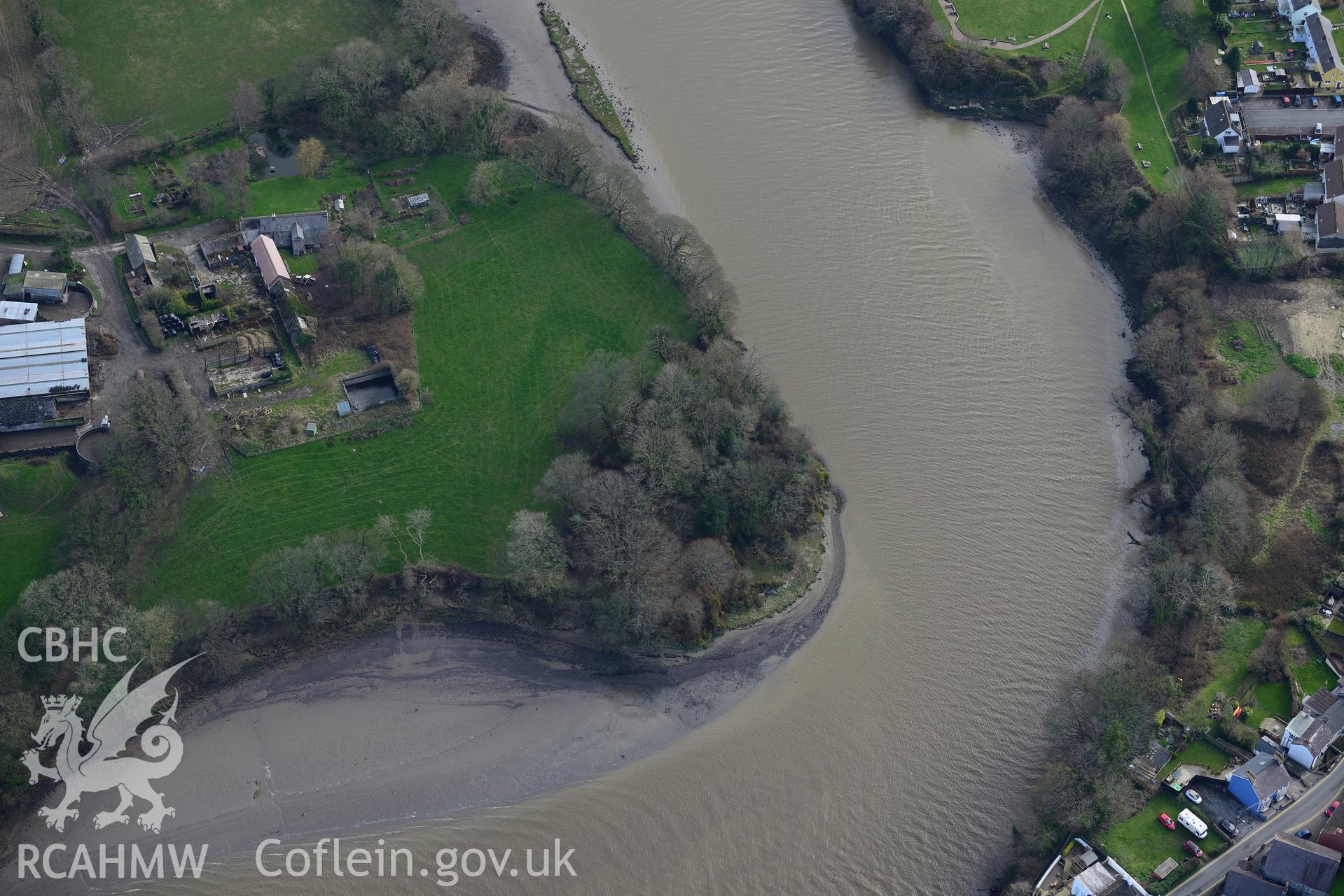 Cardigan old castle on the banks of the Teifi river. Oblique aerial photograph taken during the Royal Commission's programme of archaeological aerial reconnaissance by Toby Driver on 13th March 2015.