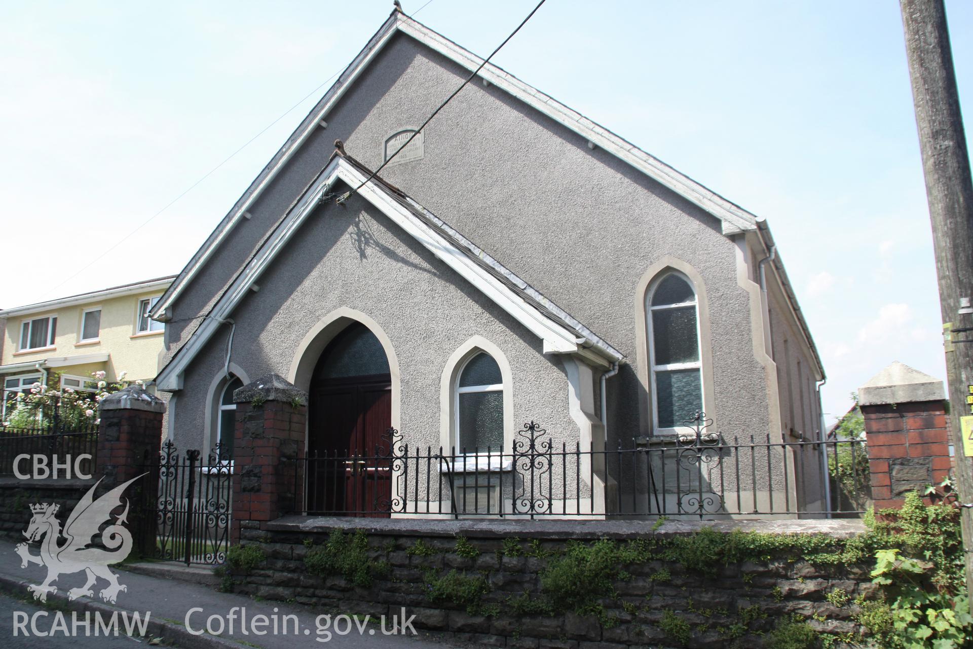 Digital colour photograph showing front elevation and entrance of Ainon Welsh Baptist chapel, Station Road, Llangynwyd Middle. Photographed during survey conducted by Sue Fielding, 20th June 2017.