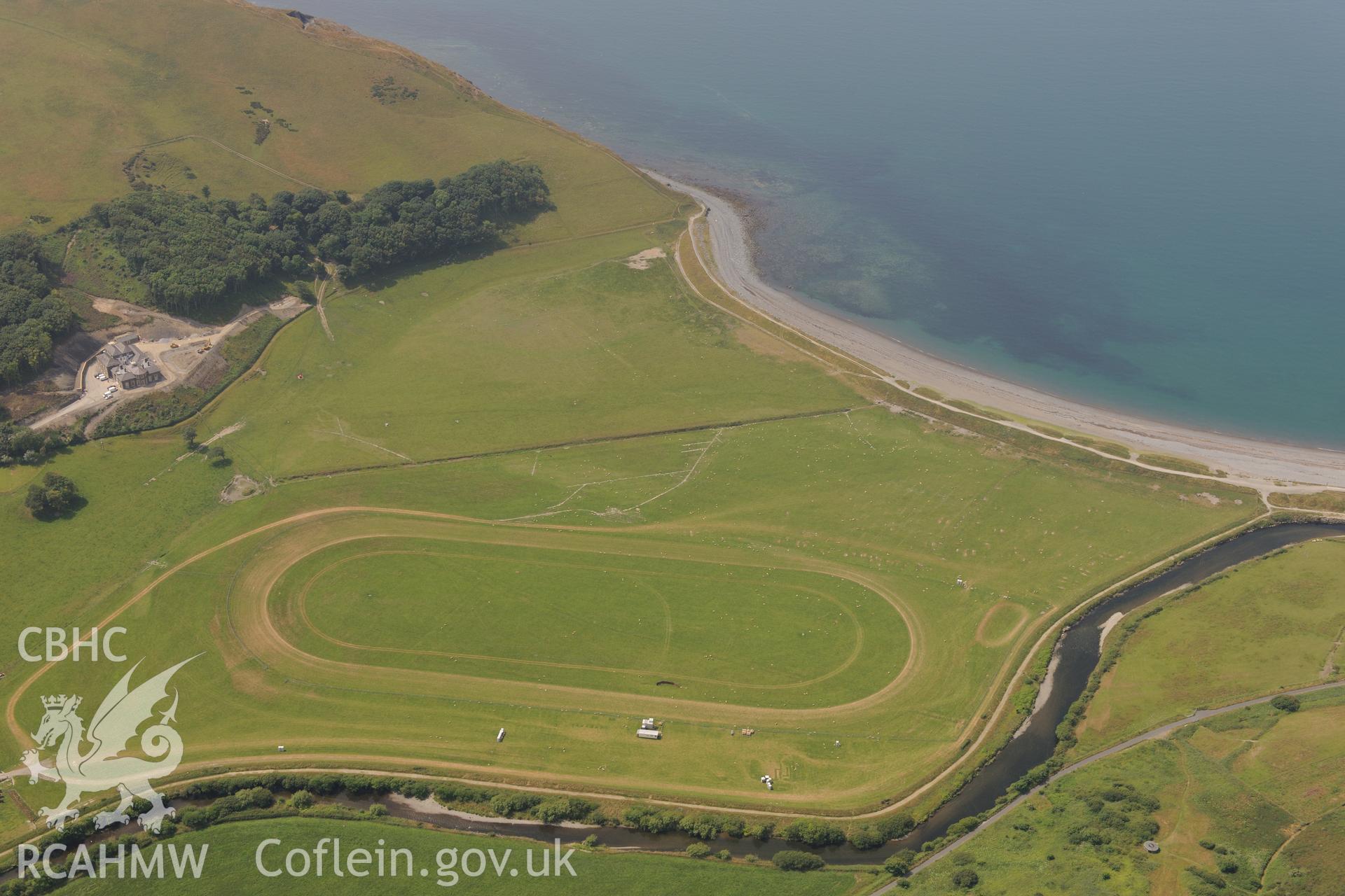 Ceredigion Trotting Circuit at Tan y Castell and Plas Tanybwlch, Aberystwyth. Oblique aerial photograph taken during the Royal Commission?s programme of archaeological aerial reconnaissance by Toby Driver on 12th July 2013.