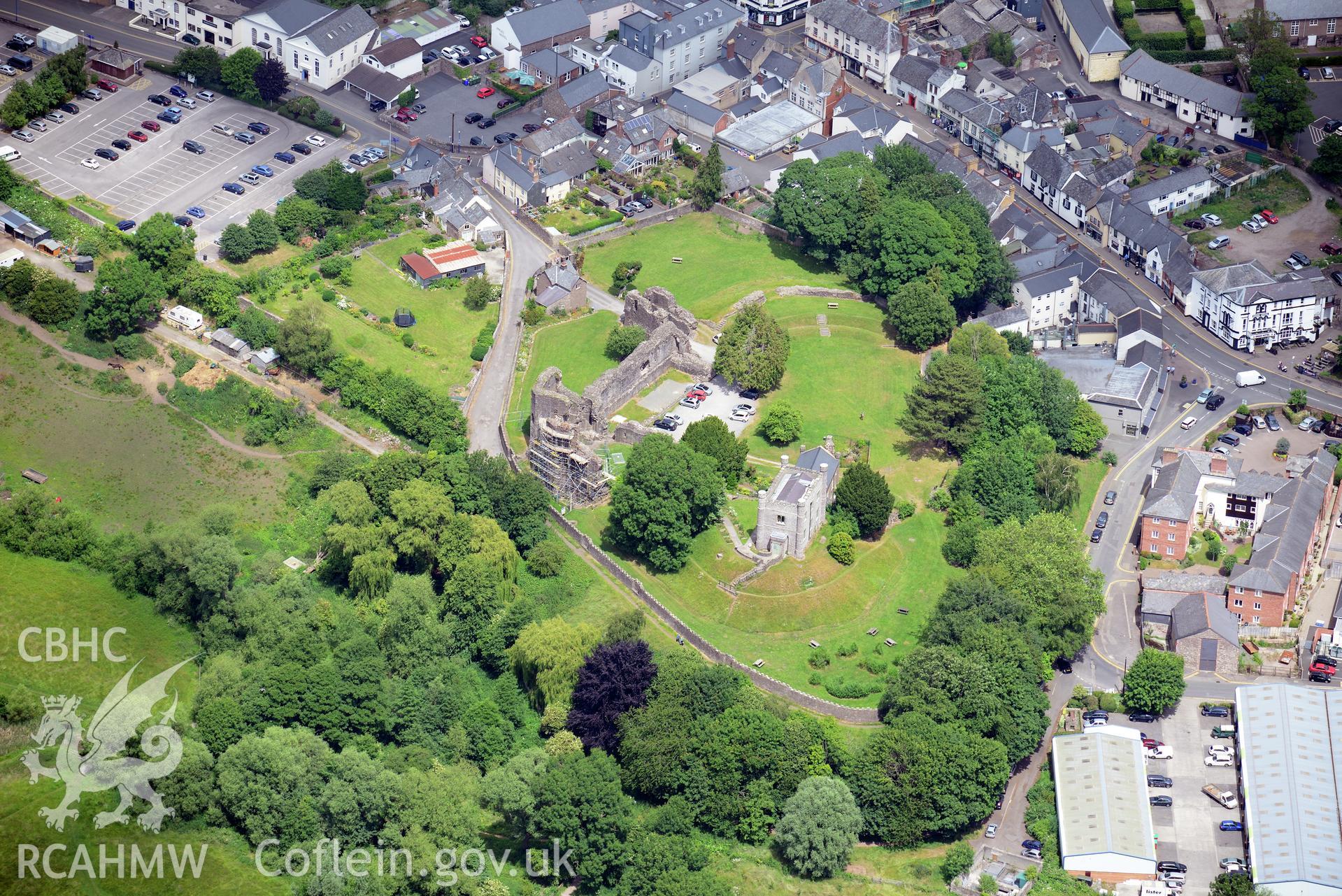 Abergavenny Castle, the castle garden and the museum, Abergavenny. Oblique aerial photograph taken during the Royal Commission's programme of archaeological aerial reconnaissance by Toby Driver on 29th June 2015.
