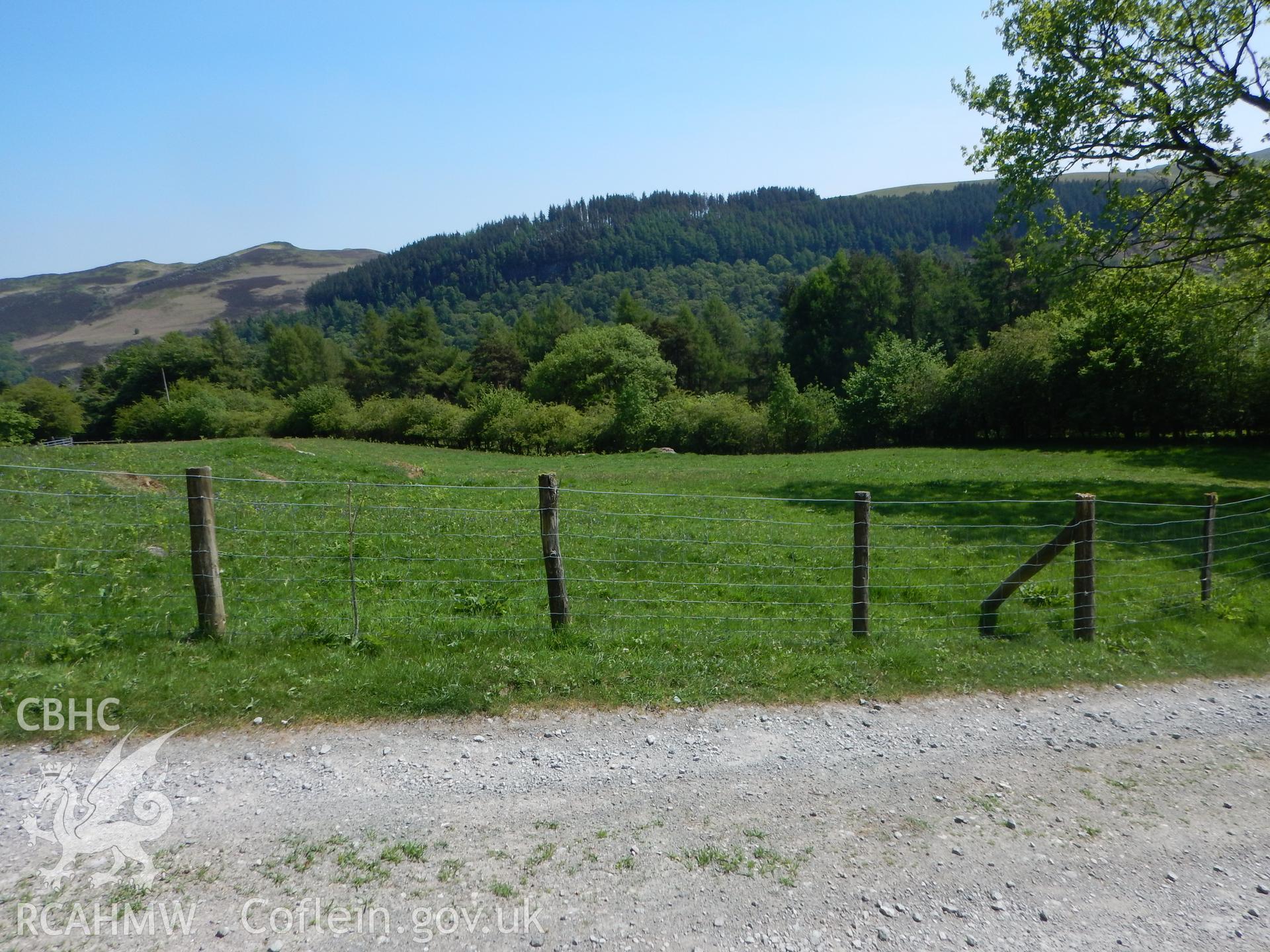 View towards cable route from Pen-glan-einon farmstead, looking south-east. Photographed for Archaeological Desk Based Assessment of Afon Claerwen, Elan Valley, Rhayader. Assessment conducted by Archaeology Wales in 2018. Report no. 1681. Project no. 2573.