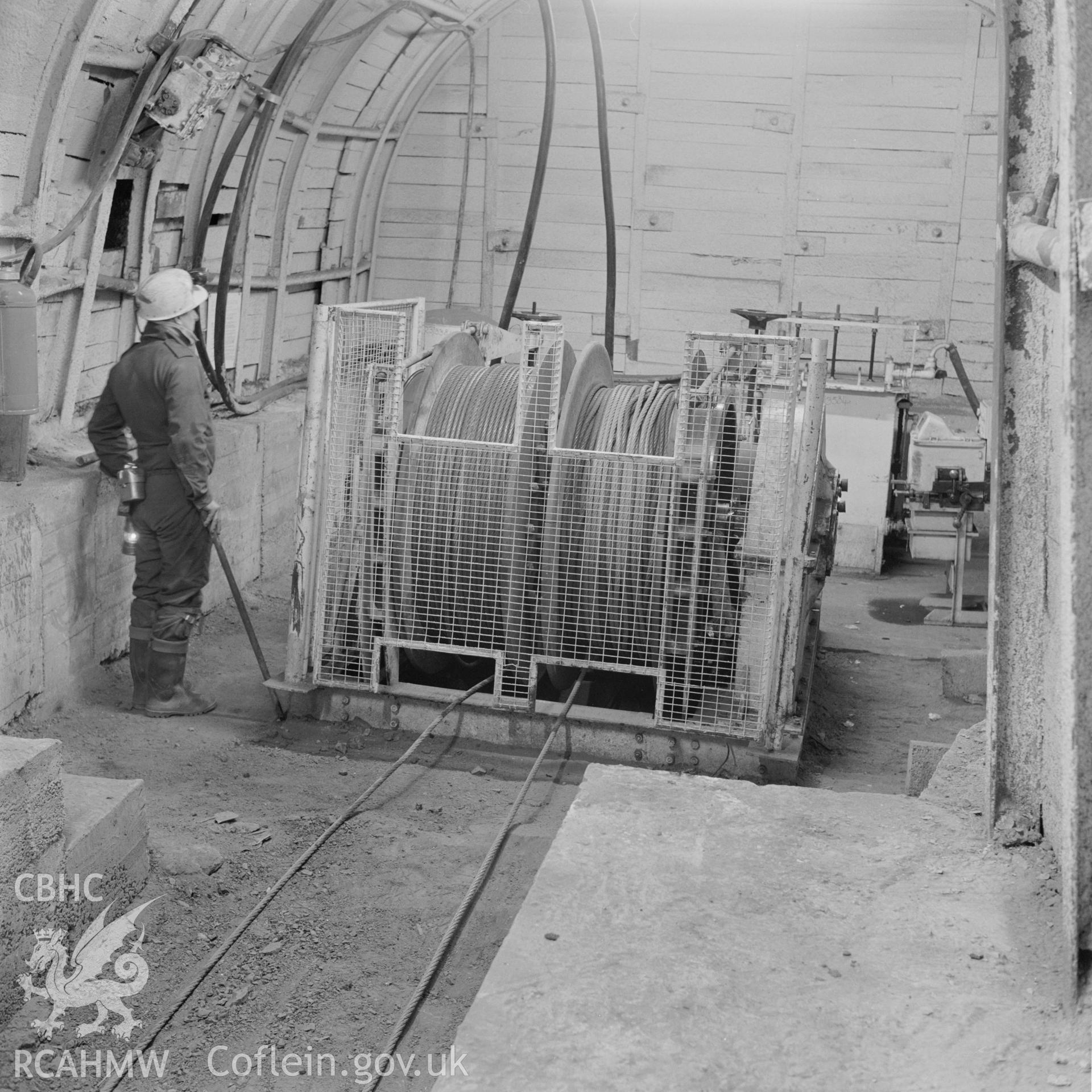 Digital copy of an acetate negative showing underground haulage engine at Blaenserchan Colliery, from the John Cornwell Collection.
