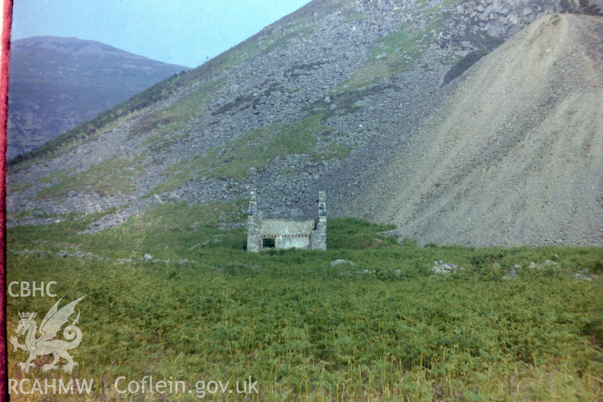 Digitised colour photograph of abandoned dwelling at Porth-y-Nant. Produced during a Bachelor of Architecture dissertation: 'The Form & Architecture of Nineteenth Century Industrial Settlements in Rural Wales' by Martin Davies, 1979.