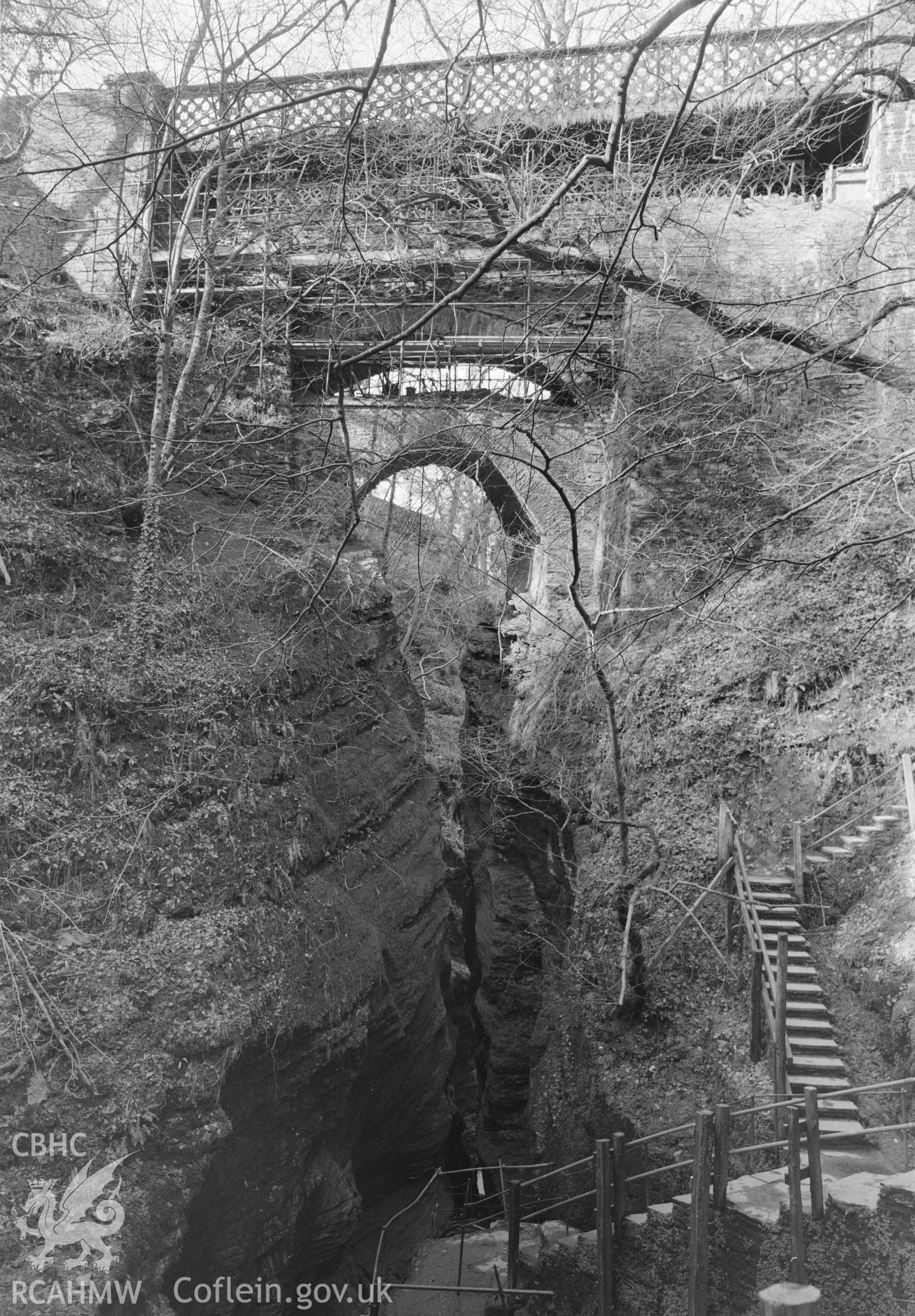 Digital copy of a black and white nitrate negative showing a view of Devils Bridge, taken by RCAHMW, undated.