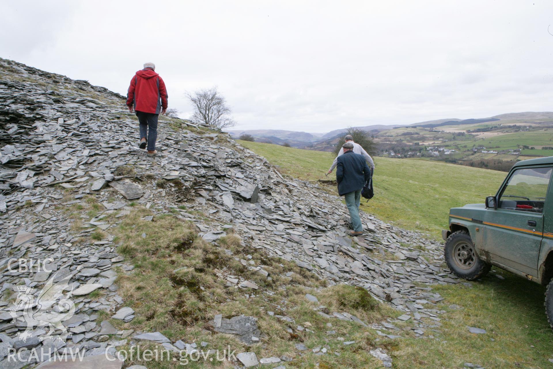 Historic quarry of shale slates at Geufron, Nant Bir, outcrops of which are thought to have provided at least some of the roofing slates for Abermagwr Roman villa. Field visit with Dr Jeffrey Davies, Dr Toby Driver & Chris Fletcher (geologist), 20/3/2012.