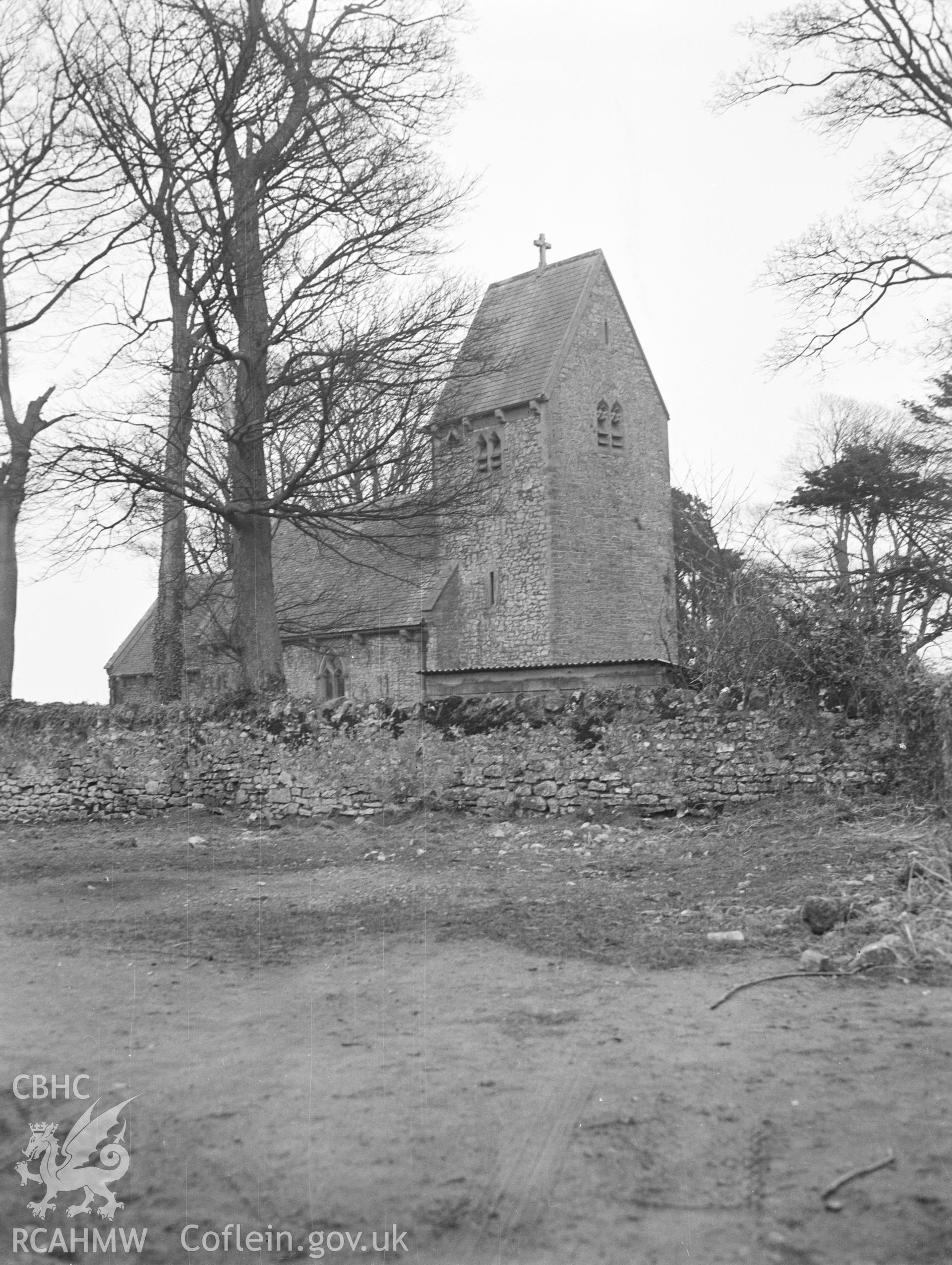 Digital copy of a nitrate negative showing exterior view of St Lythans Church near Wenvoe showing 'saddleback' tower, south of chancel. From the National Building Record Postcard Collection.