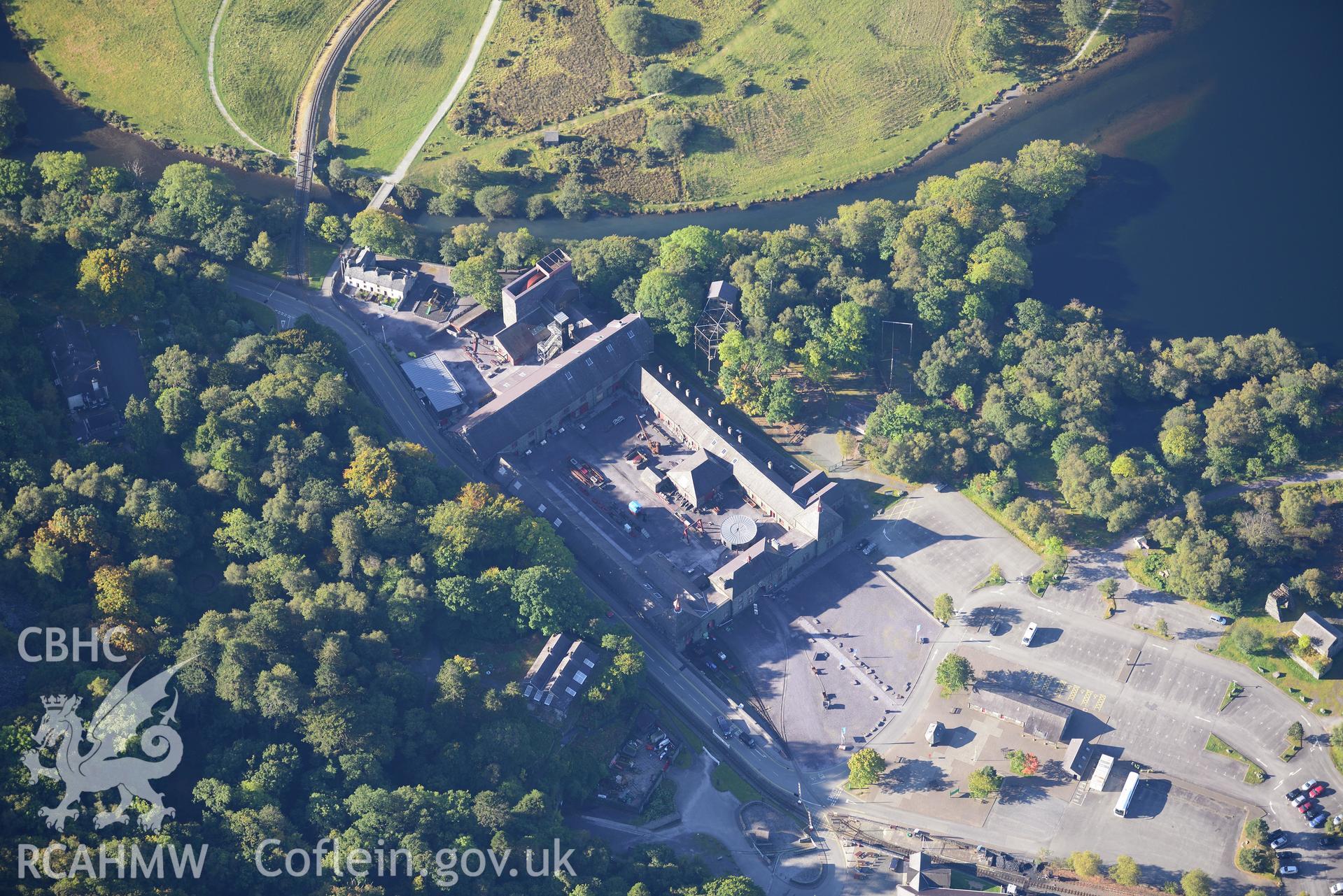 Former Dinorwig slate quarry workshops, now the Welsh Slate Museum, Llanberis. Oblique aerial photograph taken during the Royal Commission's programme of archaeological aerial reconnaissance by Toby Driver on 2nd October 2015.