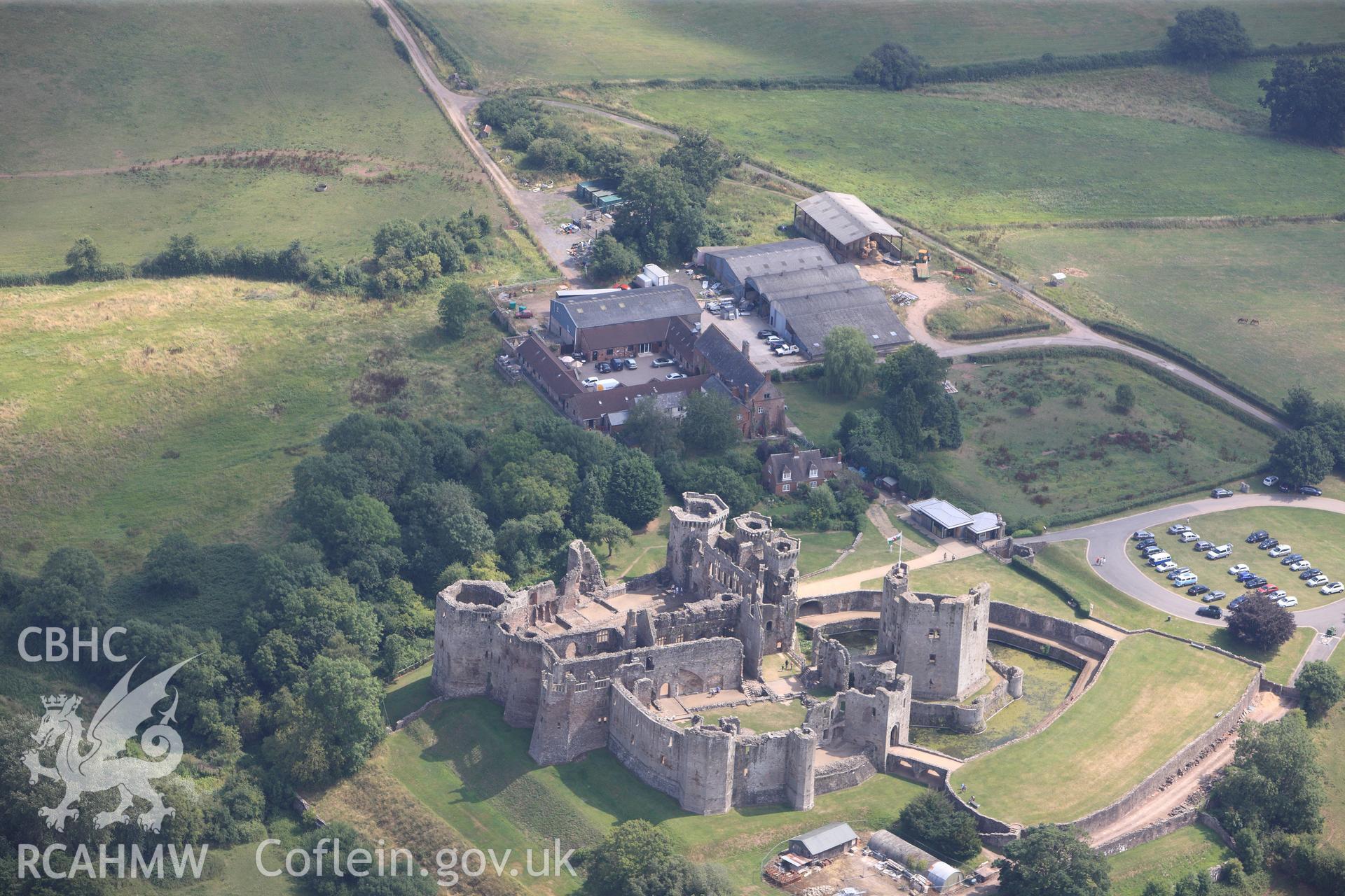 Raglan Castle, Raglan Castle Gardens and Castle Farm, Raglan, south west of Monmouth. Oblique aerial photograph taken during the Royal Commission?s programme of archaeological aerial reconnaissance by Toby Driver on 1st August 2013.