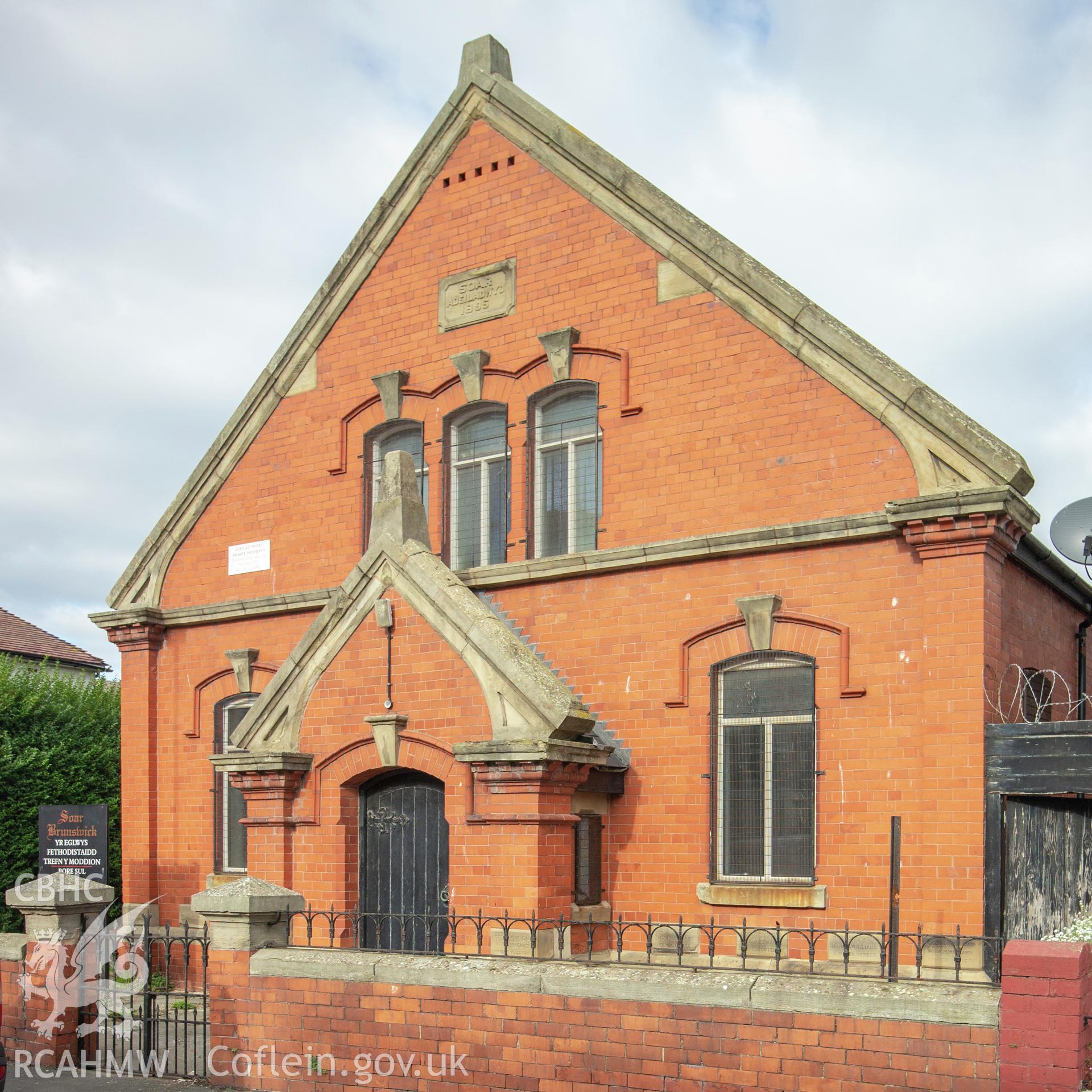 Colour photograph showing front elevation and entrance of Soar Welsh Wesleyan Methodist Church, Sisson Street, Rhyl. Photographed by Richard Barrett on 26th September 2018.