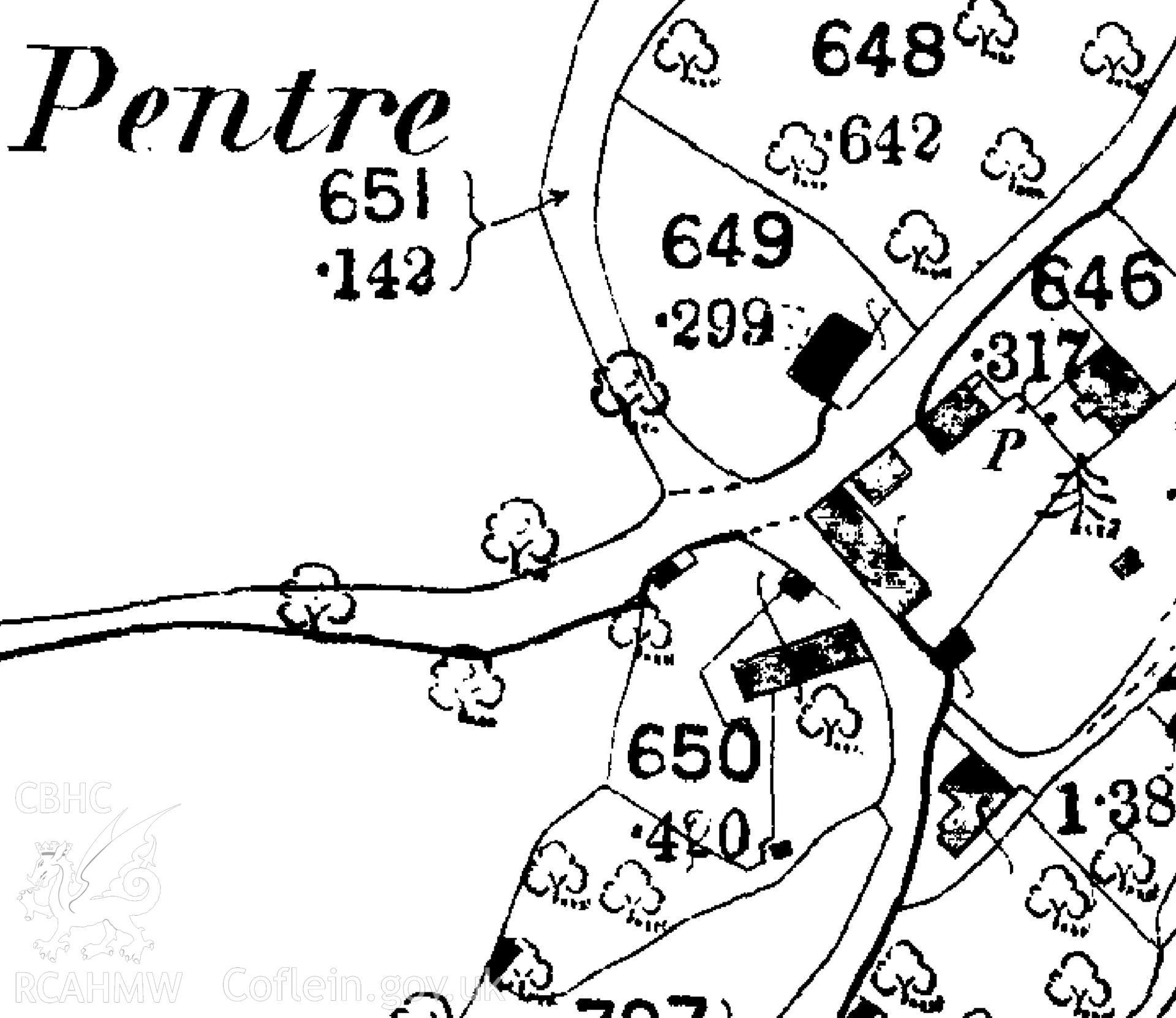1886 Ordnance Survey map used as report illustration for CPAT Project 2414: Pentre Barns, Llandyssil, Powys - Building Survey. Prepared by Kate Pack of Clwyd Powys Archaeological Trust, 2019. Report no. 1694.