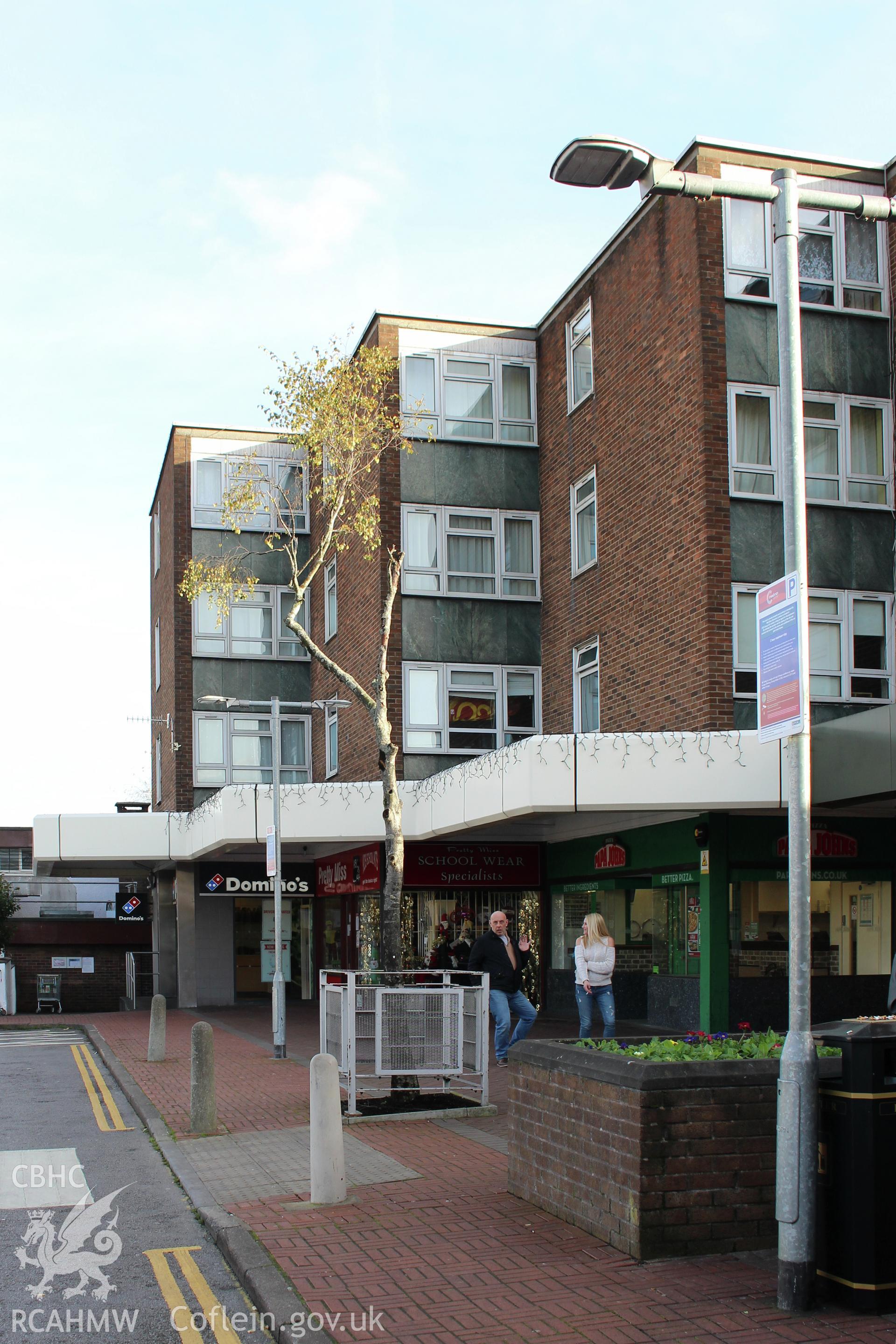 Exterior view of Cwmbran Shopping Centre and flats above. Photograph taken by Sue Fielding in November 2017.
