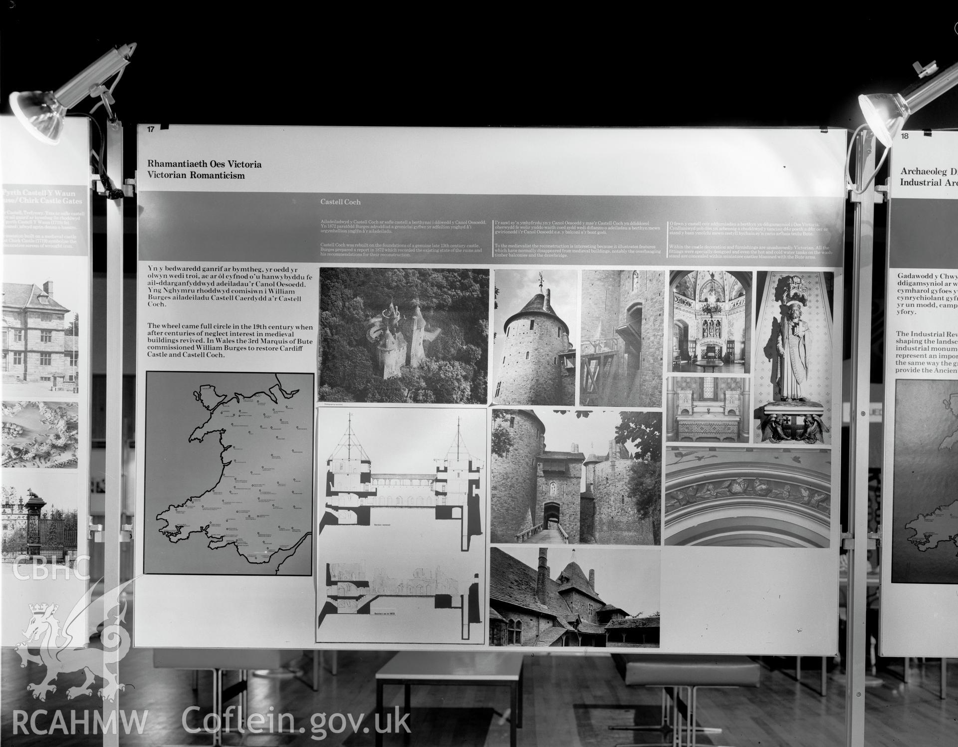 Digital copy of a black and white negative showing Ancient Monuments in Wales Exhibition, Aberystwyth. From Cadw Monuments in Care Collection.