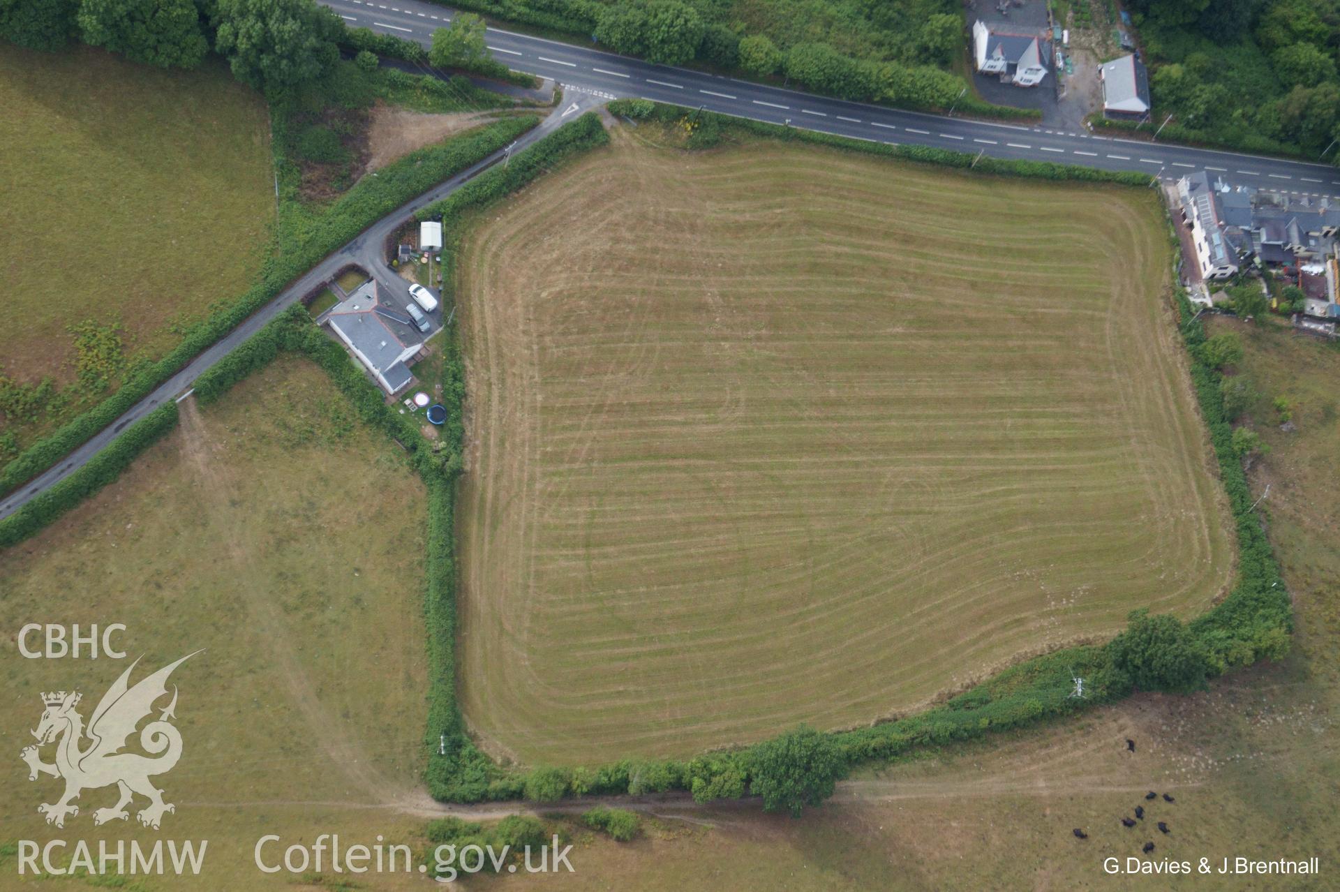 Aerial photograph of cropmarks on the south western outskirts of Talybont, taken by Glyn Davies and Jonathan Brentnall on 21st July 2018 under drought conditions.
