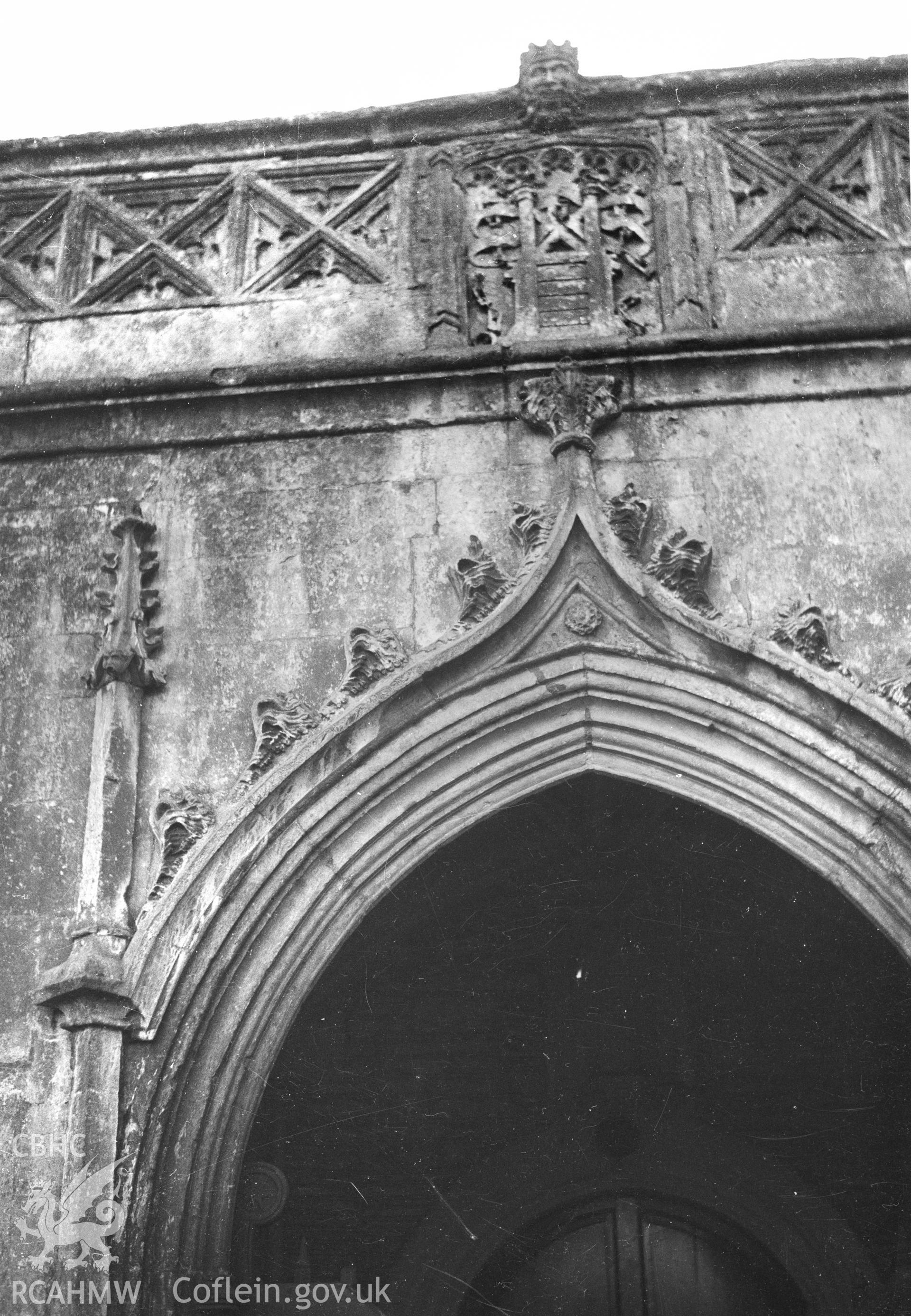 Digital copy of a nitrate negative showing the north porch of the north aisle of St Mary's Church taken by Leonard Monroe.
