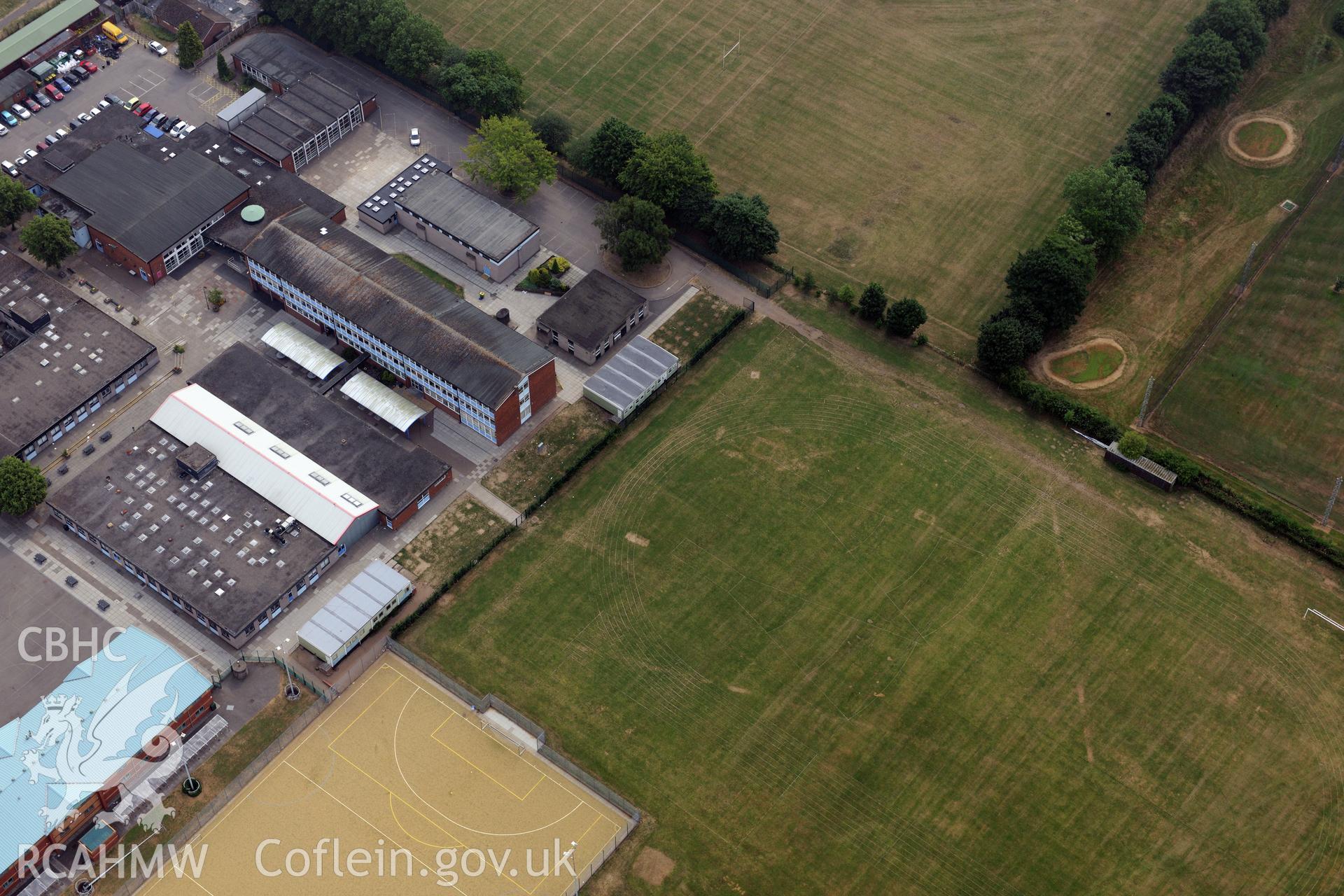 Royal Commission aerial photography of parchmarks at Caerleon School taken during drought conditions on 22nd July 2013.