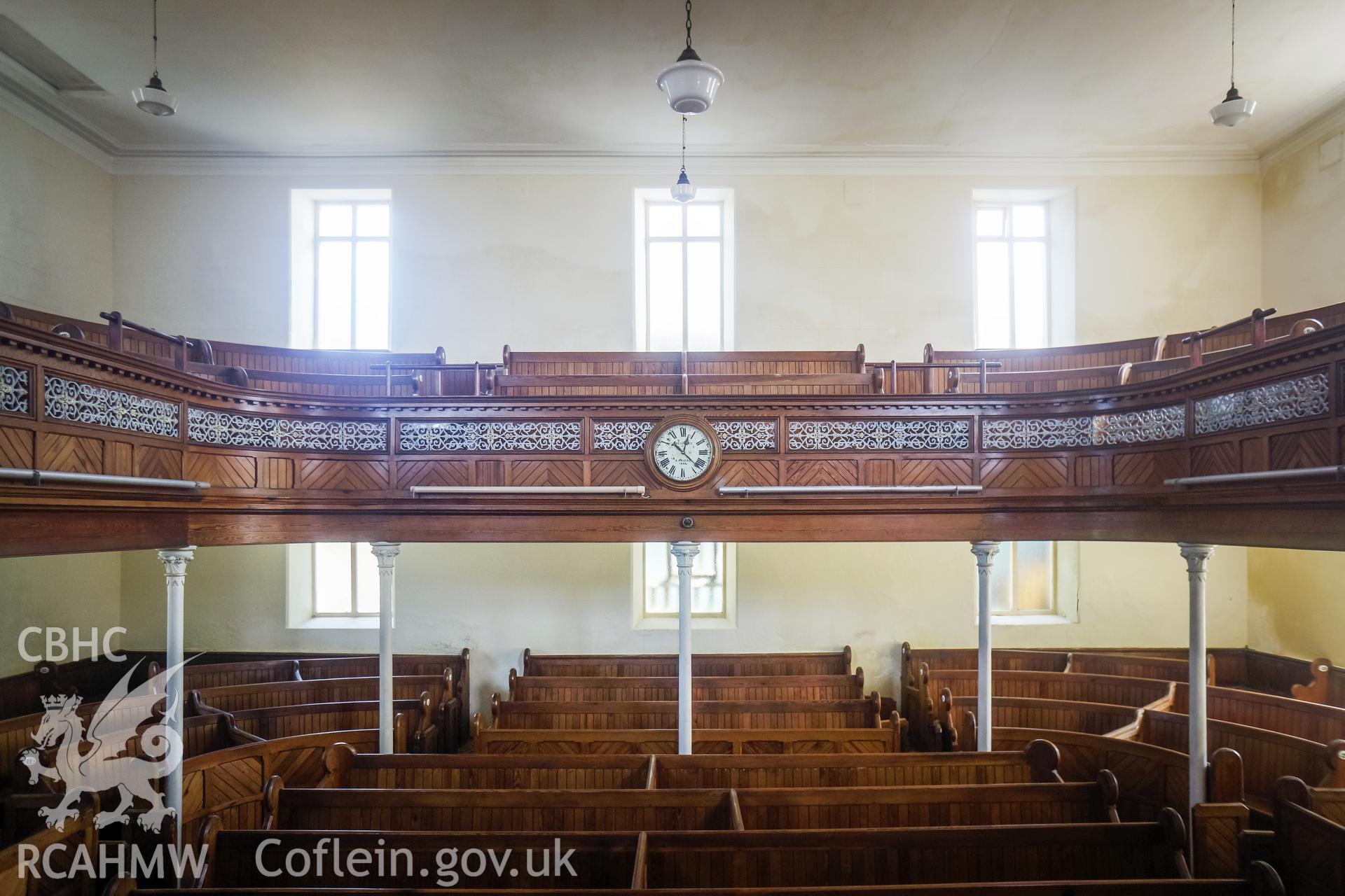 Digital colour photograph showing interior view from the pulpit at Pentower Chapel, Fishguard, dated 2019. Photographed by Grace Elliott to meet a condition attached to a planning application.