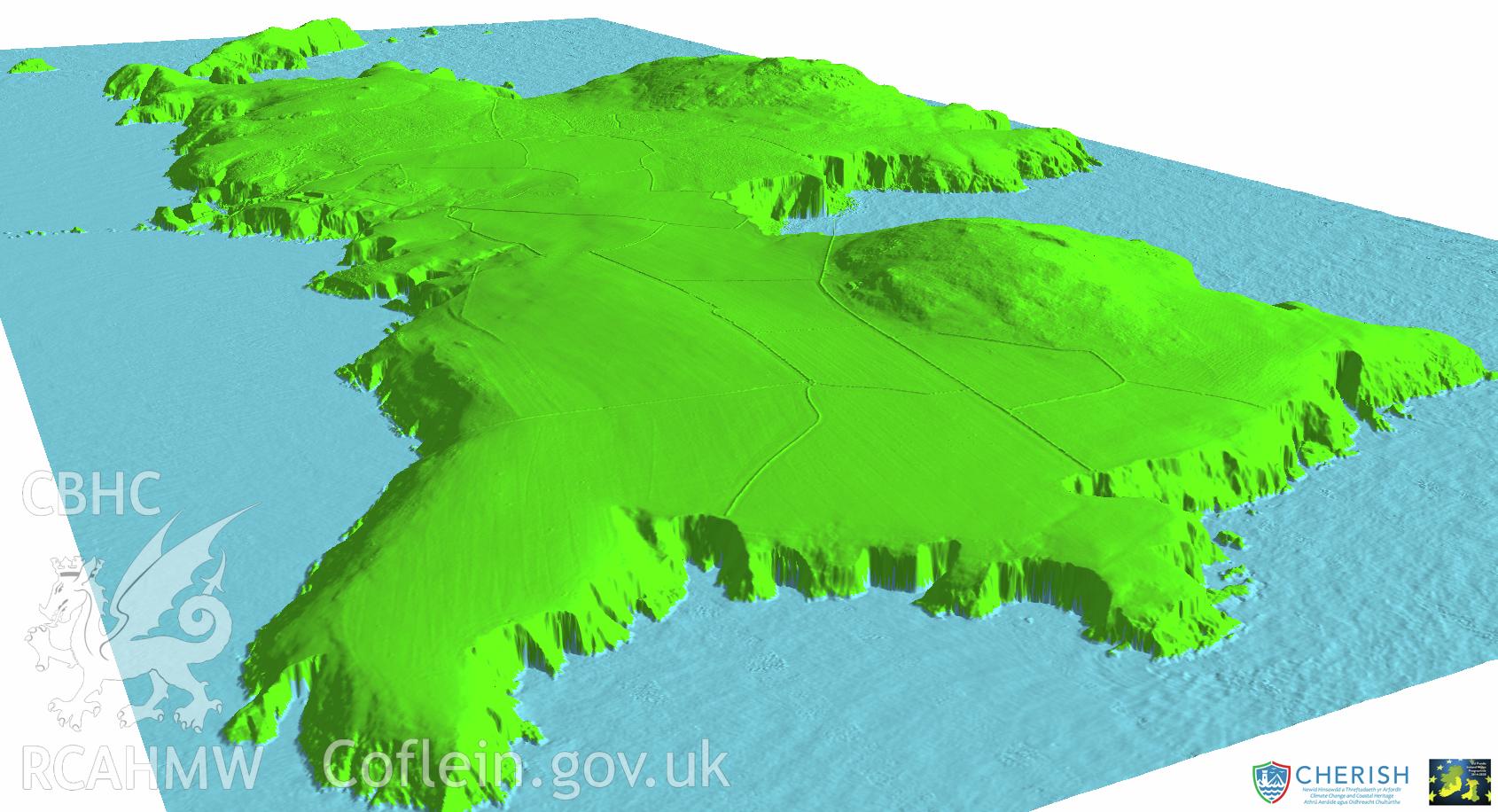 Ramsey Island. Airborne laser scanning (LiDAR) commissioned by the CHERISH Project 2017-2021, flown by Bluesky International LTD at low tide on 24th February 2017. View showing the island landscape from the north-east.