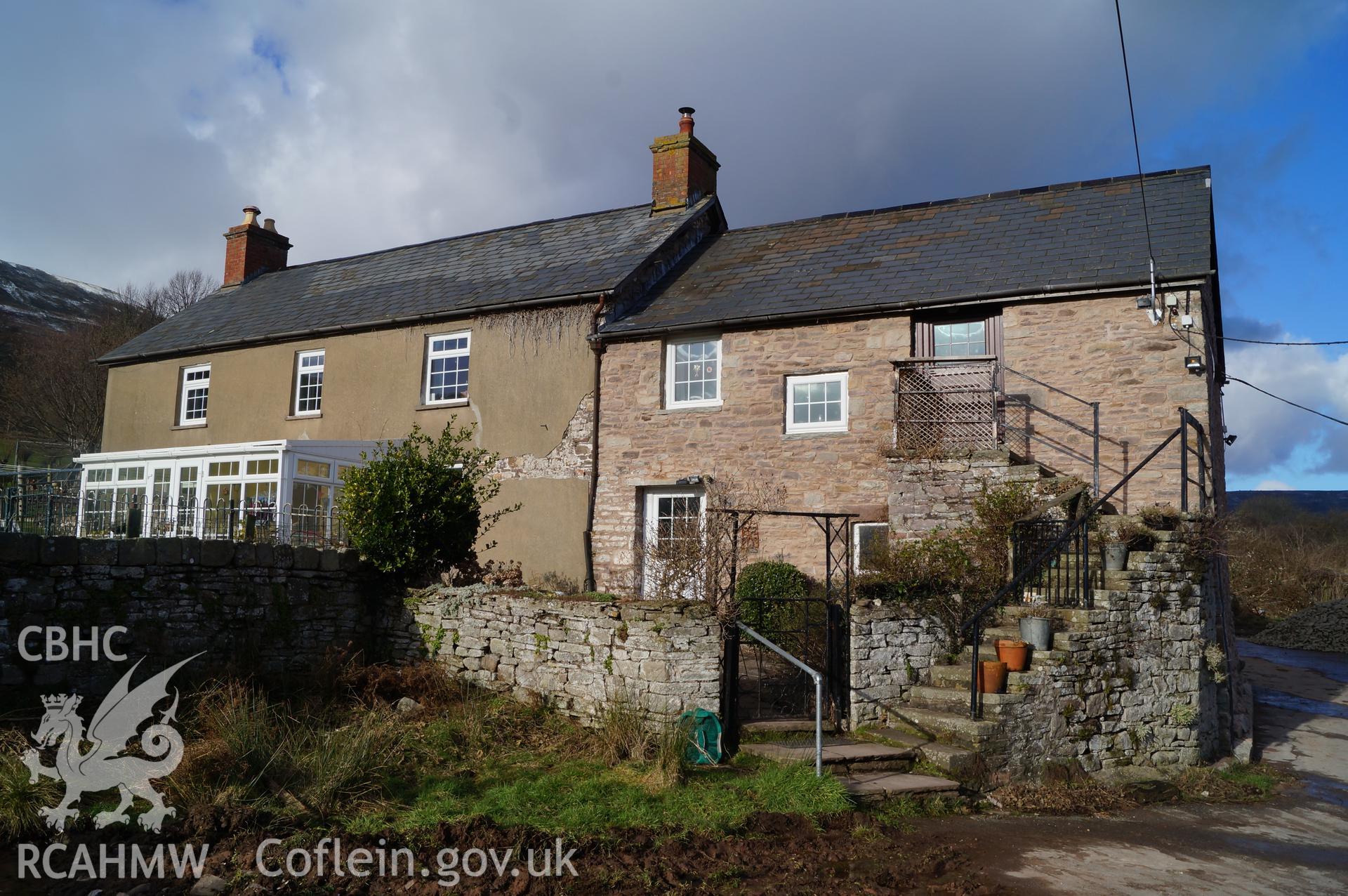 View 'looking north at Gwrlodau farmhouse' on Gwrlodau Farm, Llanbedr, Crickhowell. Photograph and description by Jenny Hall and Paul Sambrook of Trysor, 9th February 2018.