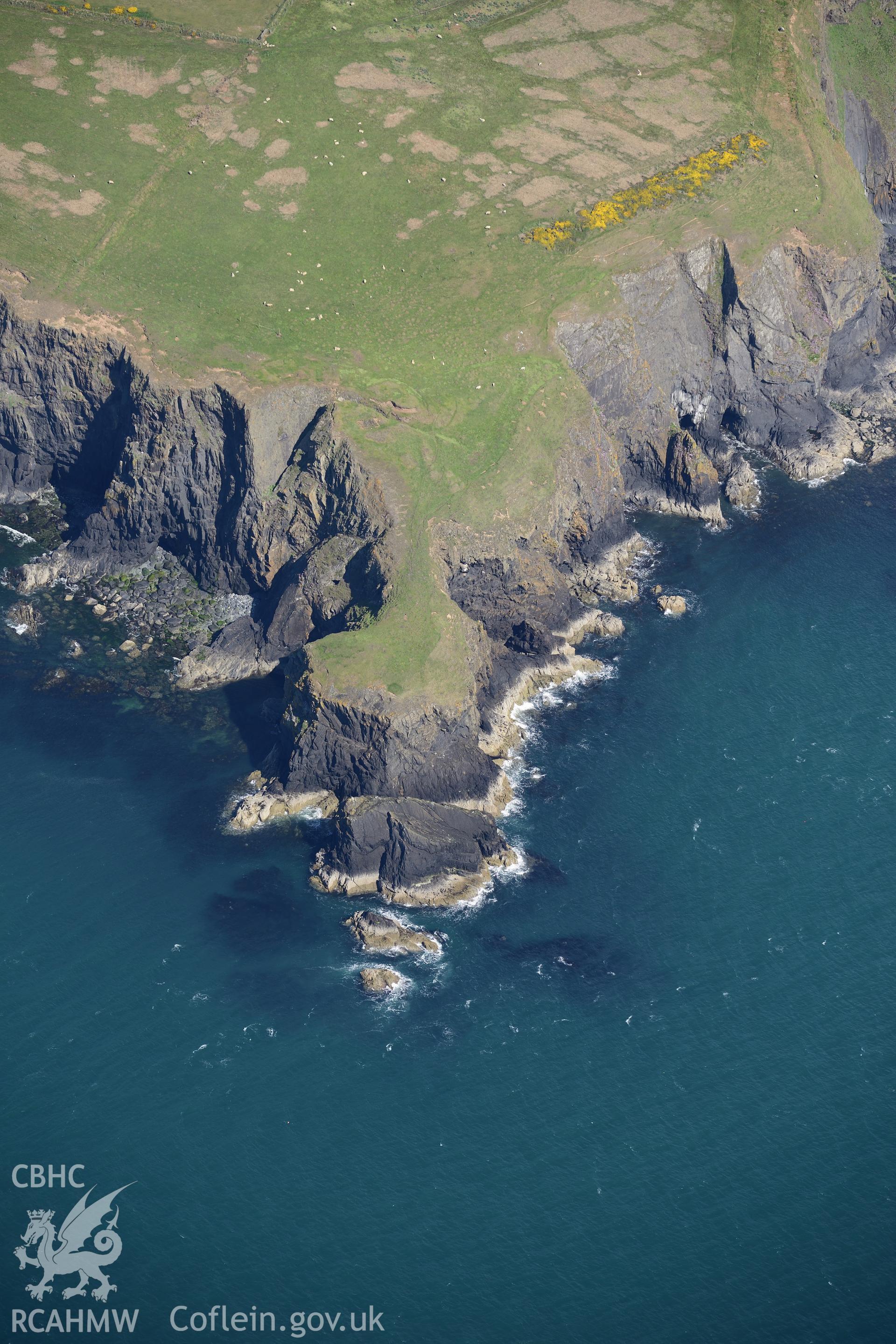 Aerial photography of Trwyn Gwningaer taken on 3rd May 2017.  Baseline aerial reconnaissance survey for the CHERISH Project. ? Crown: CHERISH PROJECT 2017. Produced with EU funds through the Ireland Wales Co-operation Programme 2014-2020. All material made freely available through the Open Government Licence.