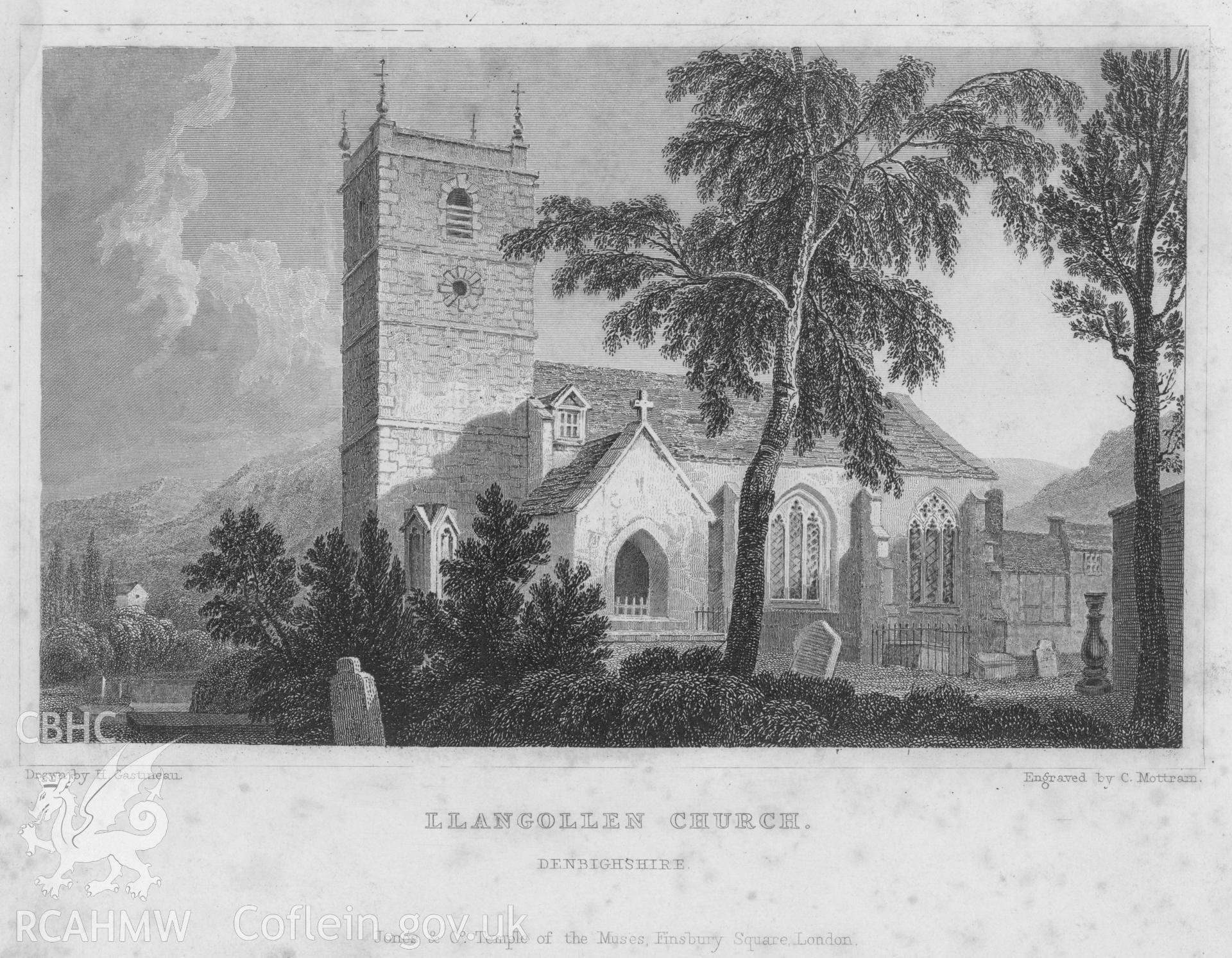 Digitised copy of an engraving of St Collen's Church, Llangollen.