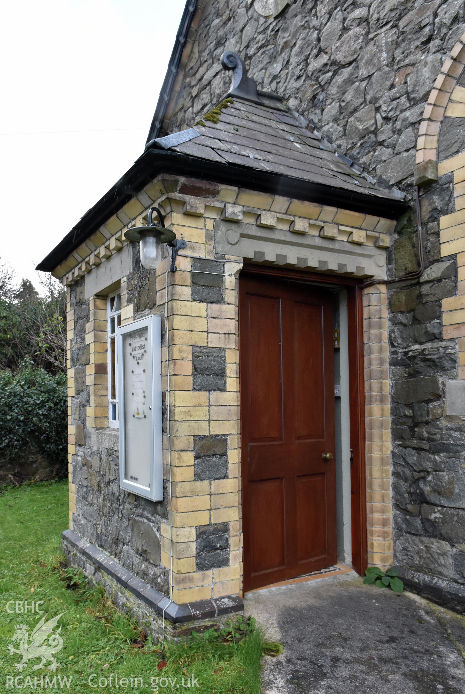 View from the north east showing gable entrance of Hyssington Primitive Methodist Chapel, Hyssington, Churchstoke. Photographic survey conducted by Sue Fielding on 7th December 2018.