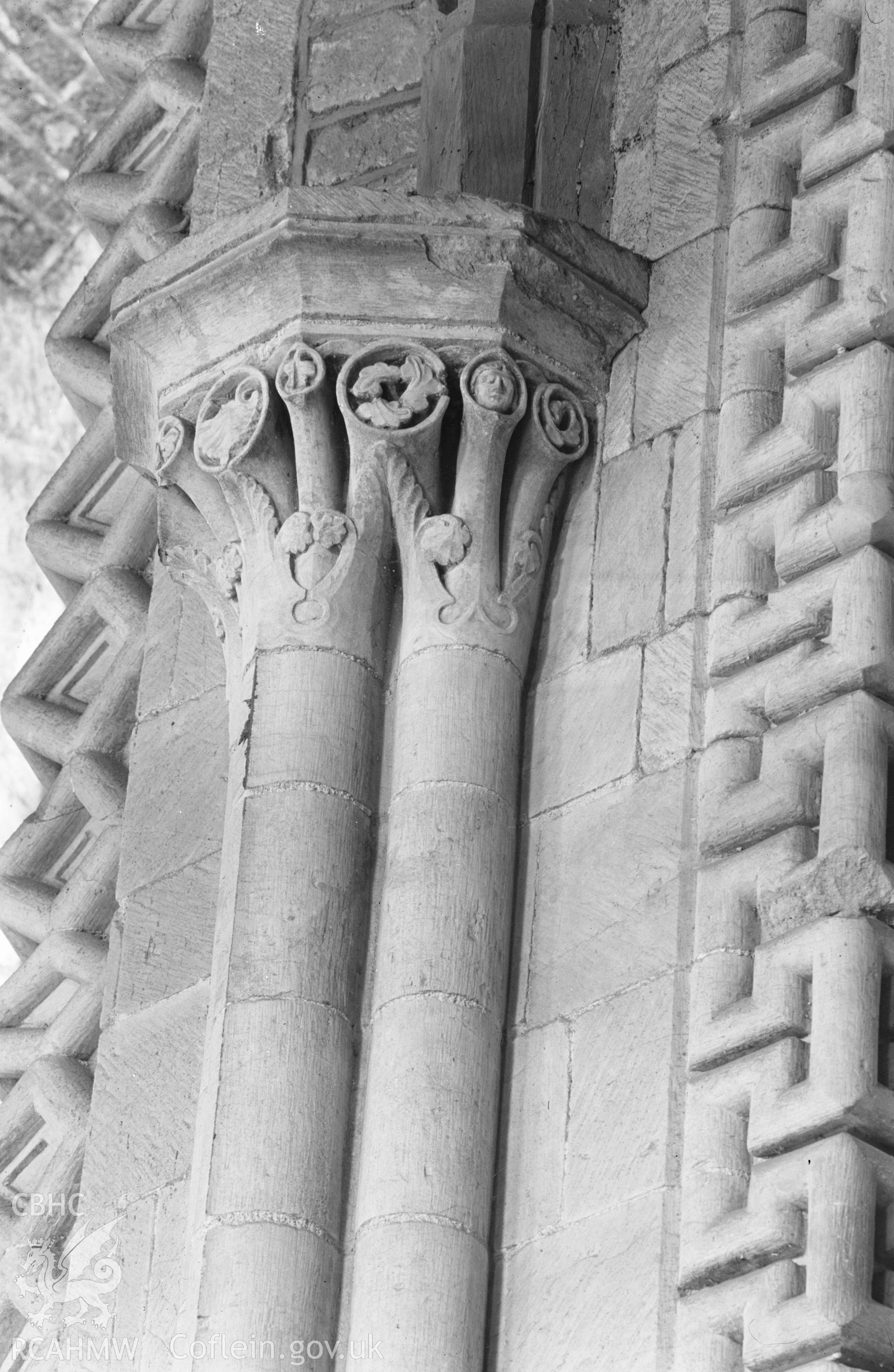 Digital copy of a black and white nitrate negative showing detail of capital at St. David's Cathedral, taken by E.W. Lovegrove, July 1936