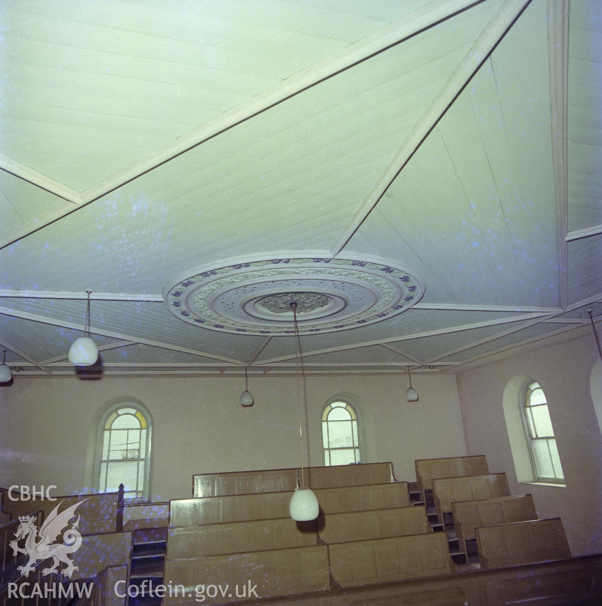 Digital copy of a colour negative showing an interior view of Caersalem Chapel, taken by RCAHMW.