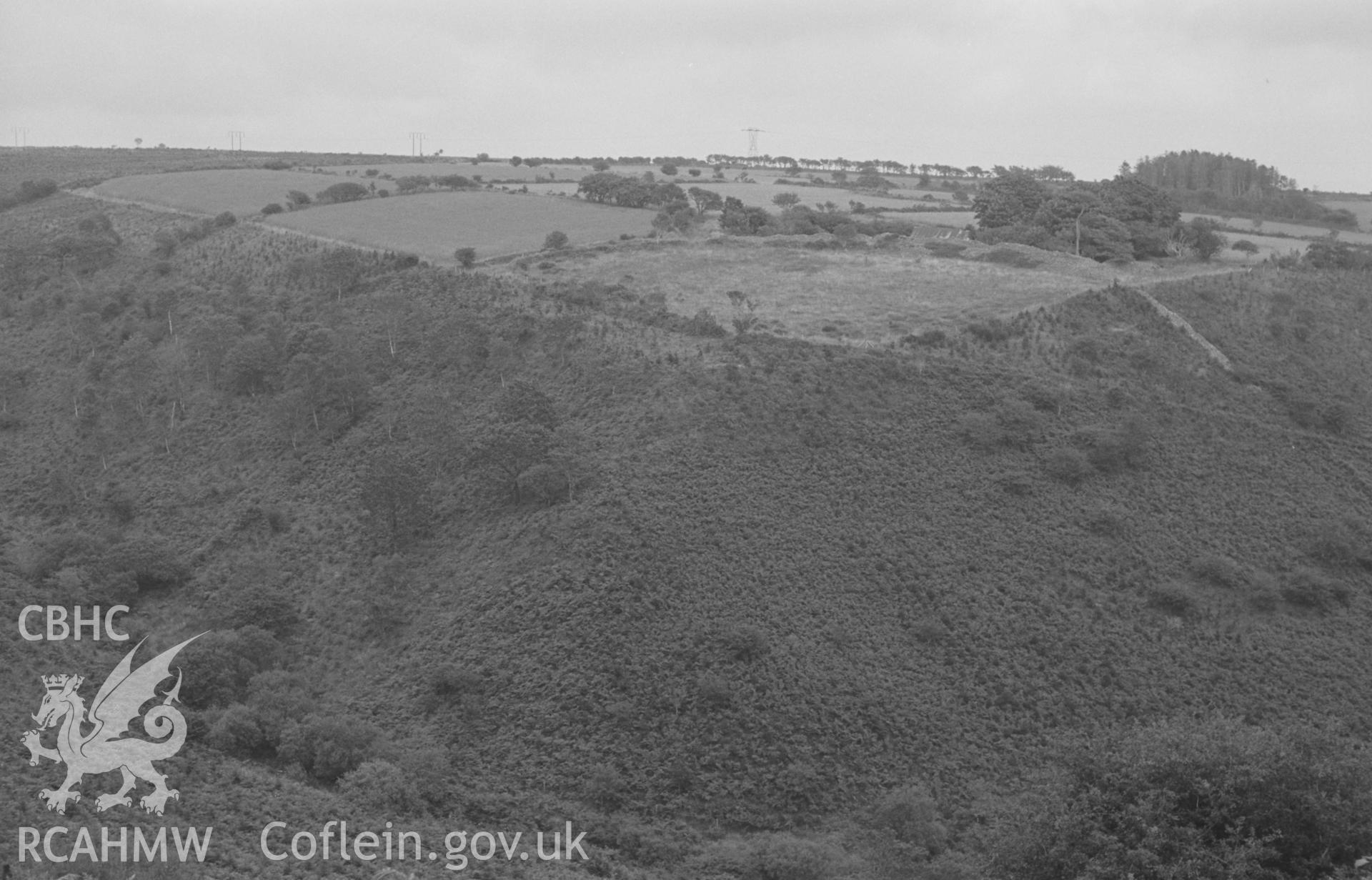 Digital copy of a black and white negative showing panoramic view of Carn Wen iron age camp, the Nant Cloigen and Pen-y-Graig farm, 2.3km east of Ffostrasol. Photographed by Arthur O. Chater in August 1967. (Looking north east - south from Grid Reference SN 394 471). [Photo 2 of 4]