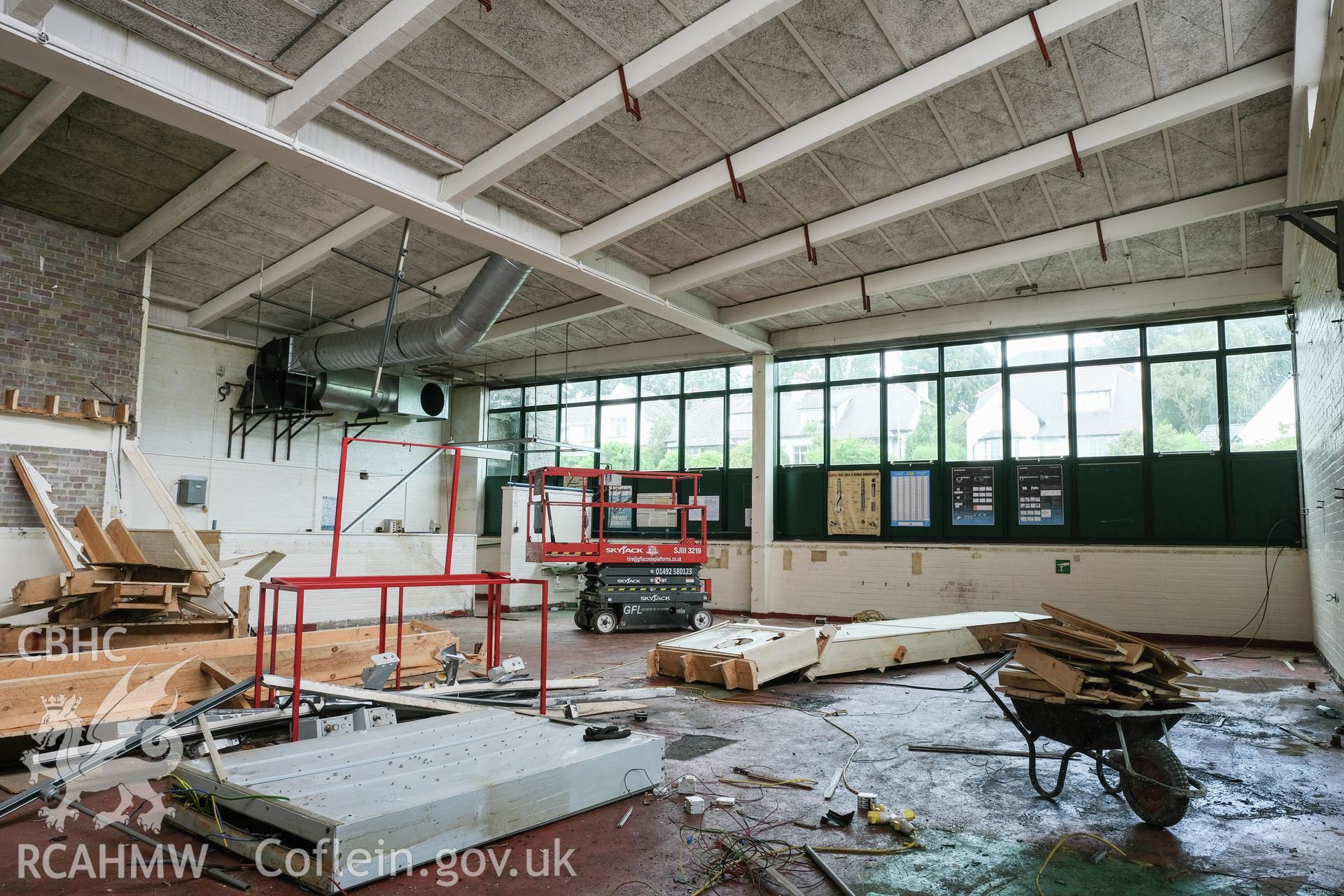 Digital colour photograph showing interior view of classroom at Caernarfonshire Technical College, Ffriddoedd Road, Bangor. Photographed by Dilys Morgan and donated by Wyn Thomas of Grwp Llandrillo-Menai Further Education College, 2019.