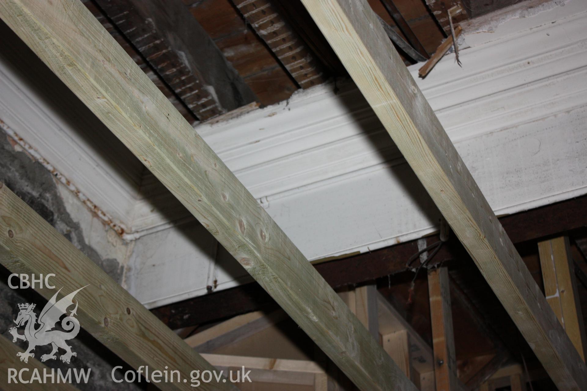 Colour photograph showing detail of ceiling at the back room on the first floor at the Old Auction Rooms/ Liberal Club in Aberystwyth. Photographic survey conducted by Geoff Ward on 9th June 2010 during repair work prior to conversion into flats.