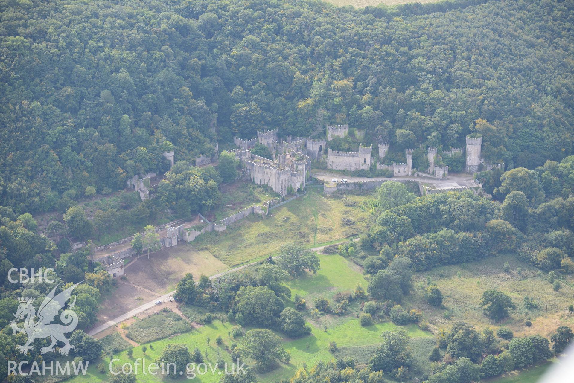 Gwrych castle and garden. Oblique aerial photograph taken during the Royal Commission's programme of archaeological aerial reconnaissance by Toby Driver on 11th September 2015.