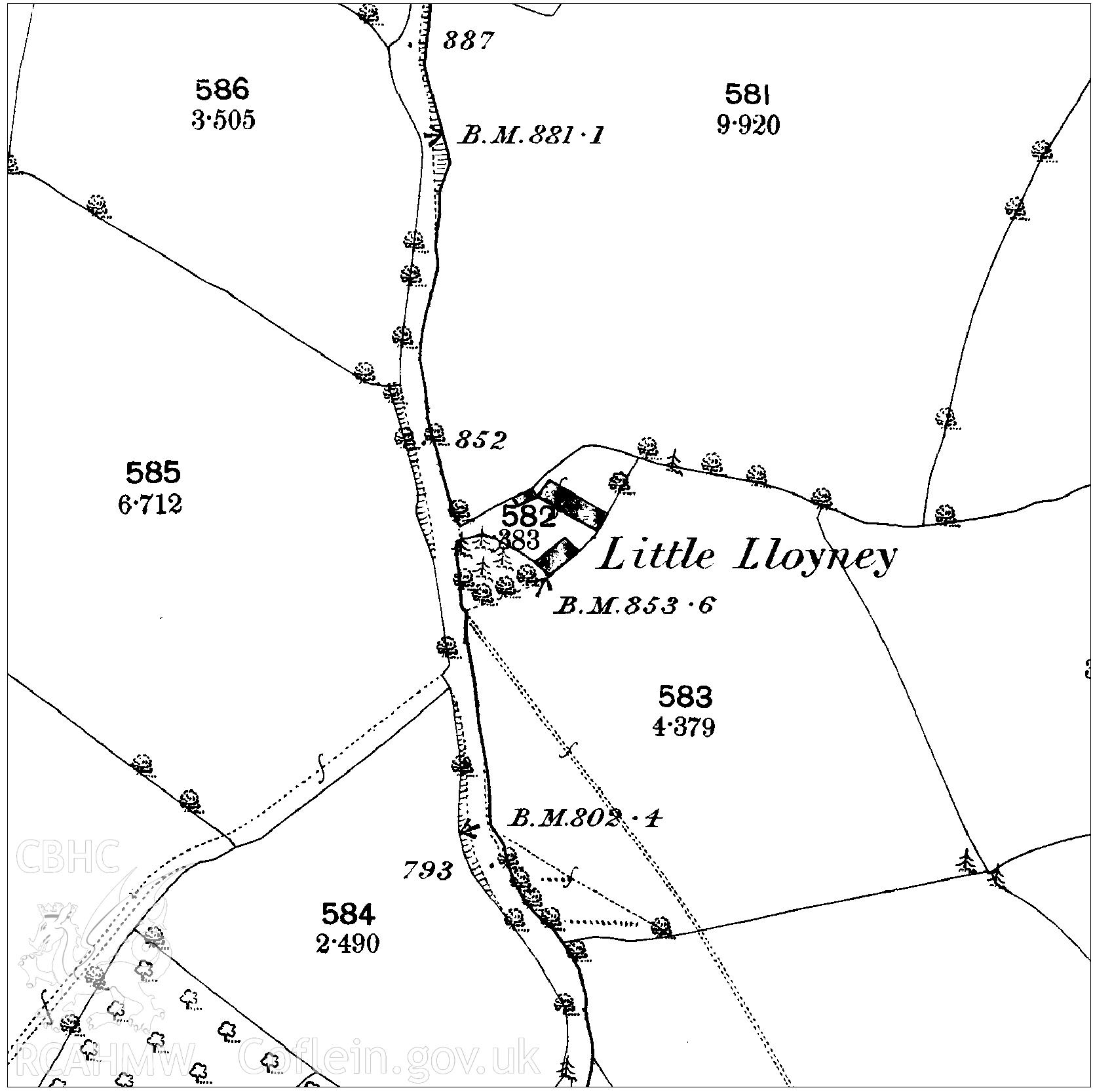 Copy of 1888 map showing location of Little Lloyney relating to CPAT Project 2355: Little Lloyney Farm, Clyro, Powys, 2019. Prepared by Will Logan of Clwyd Powys Archaeological Trust. Project no. 2355. HER event PRN: 140287.