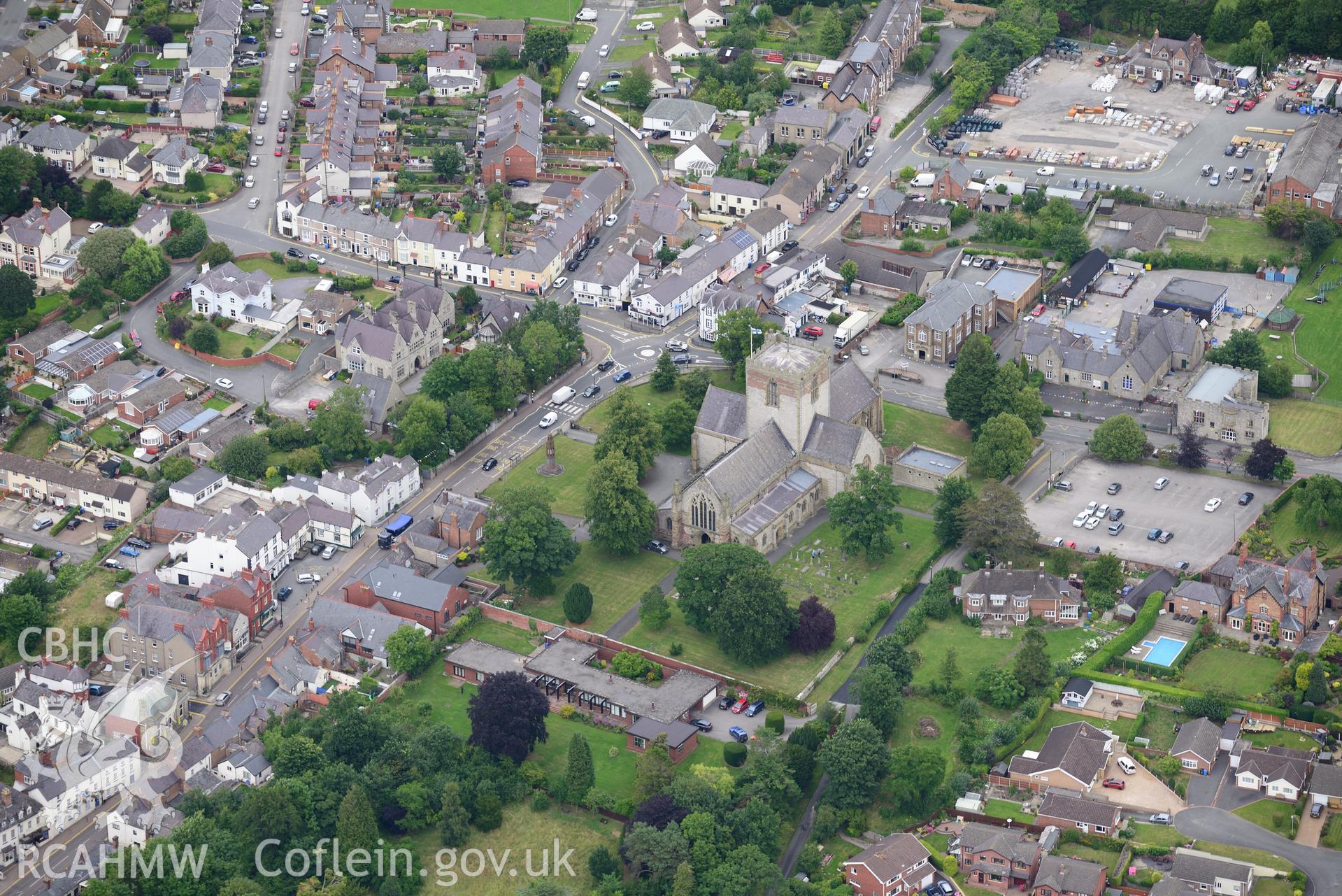 St. Asaph Cathedral, William Morgan Memorial, railway station, national school, Pendinas & Kentigern Hall. Oblique aerial photograph taken during the Royal Commission's programme of archaeological aerial reconnaissance by Toby Driver on 30th July 2015.