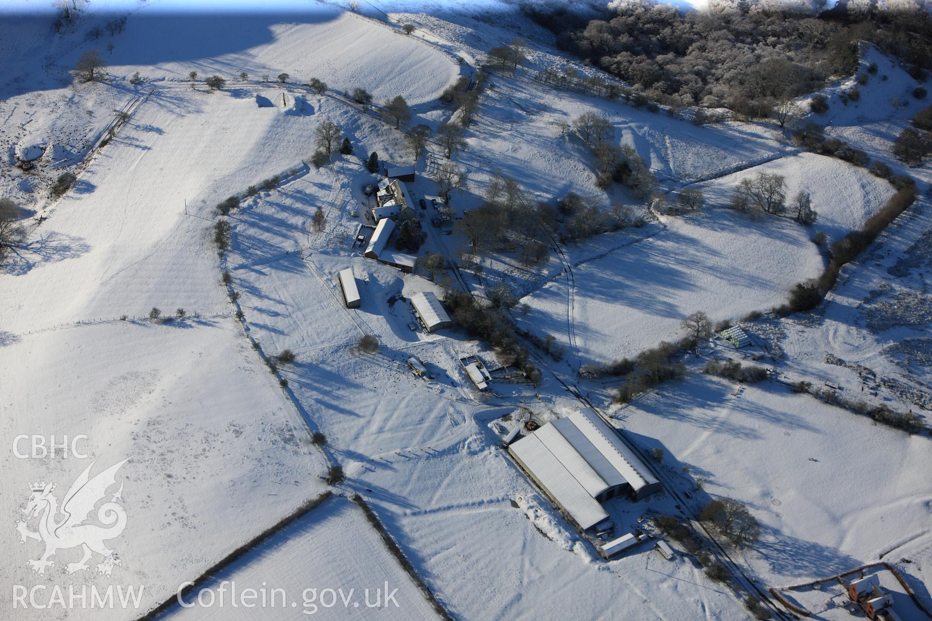 Cefnllys Castle deer park, Penybont, north east of Llandrindod Wells. Oblique aerial photograph taken during the Royal Commission?s programme of archaeological aerial reconnaissance by Toby Driver on 15th January 2013.