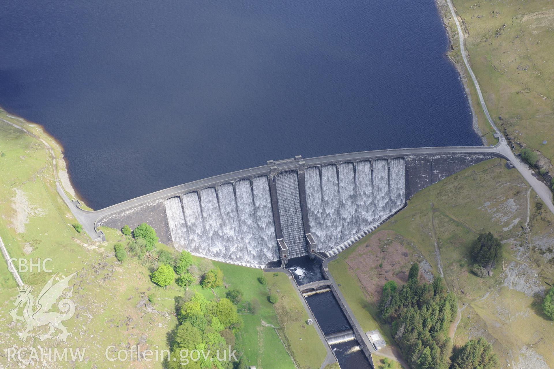Claerwen Dam and Reservoir, Elan Valley Water Scheme. Oblique aerial photograph taken during the Royal Commission's programme of archaeological aerial reconnaissance by Toby Driver on 3rd June 2015.