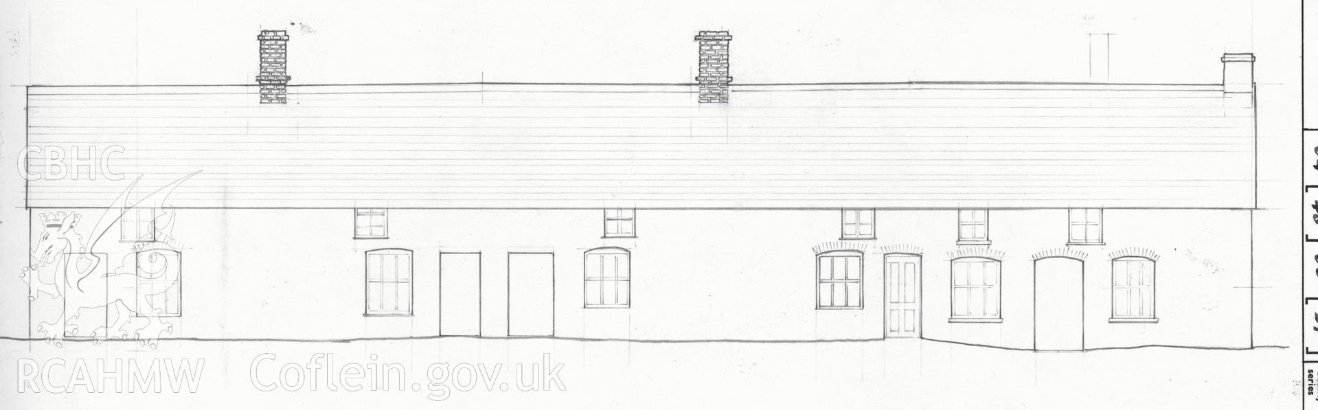 Digital copy of a sketch of the south elevations of houses 2-6 Poplar Cottages, Merthyr Tydfil by A.J.Parkinson.