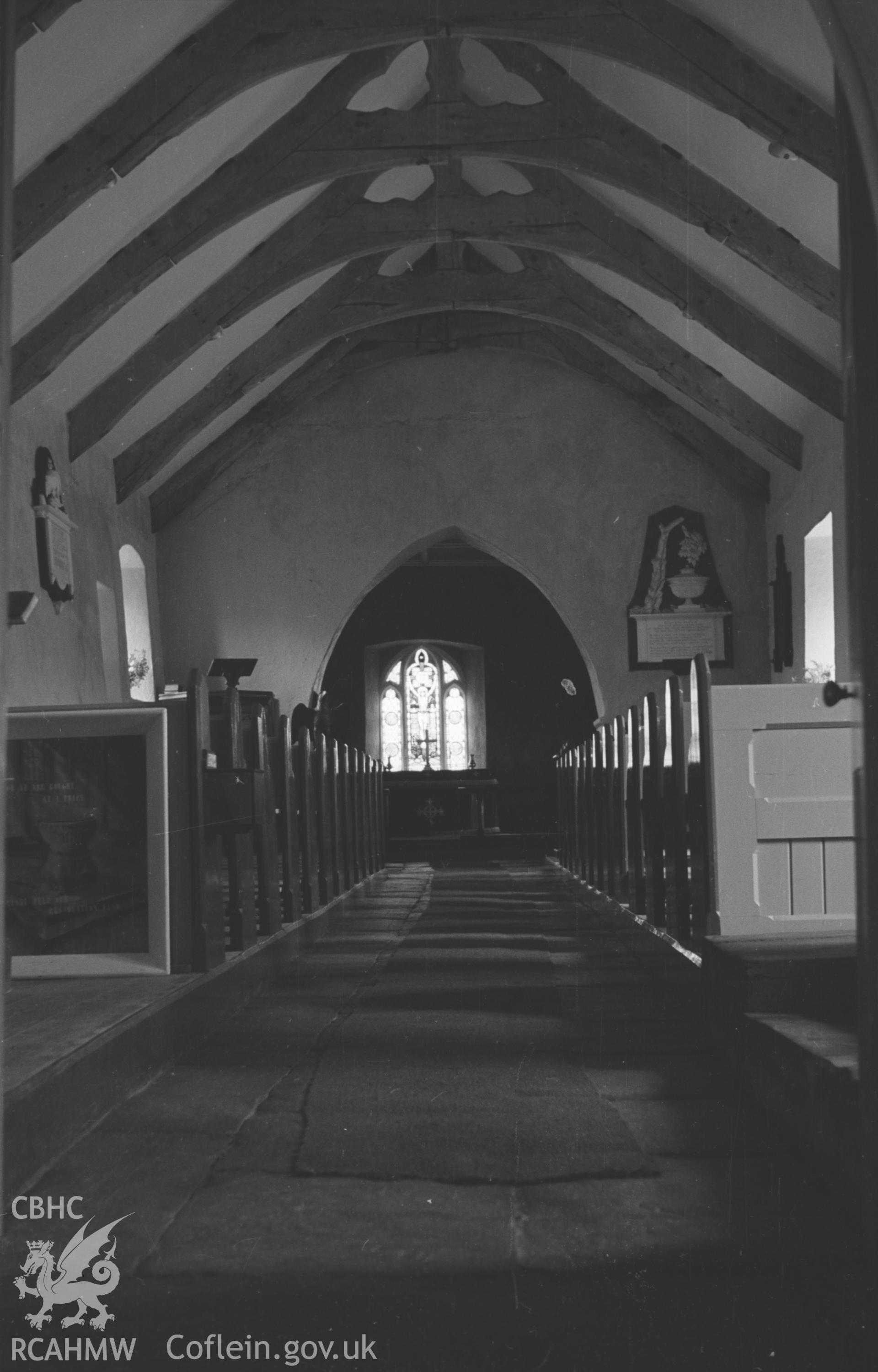 Digital copy of a black and white negative showing interior view of St. Michael's church, Penbryn. Photographed in August 1963 by Arthur O. Chater from Grid Reference SN 2935 5211, looking east.