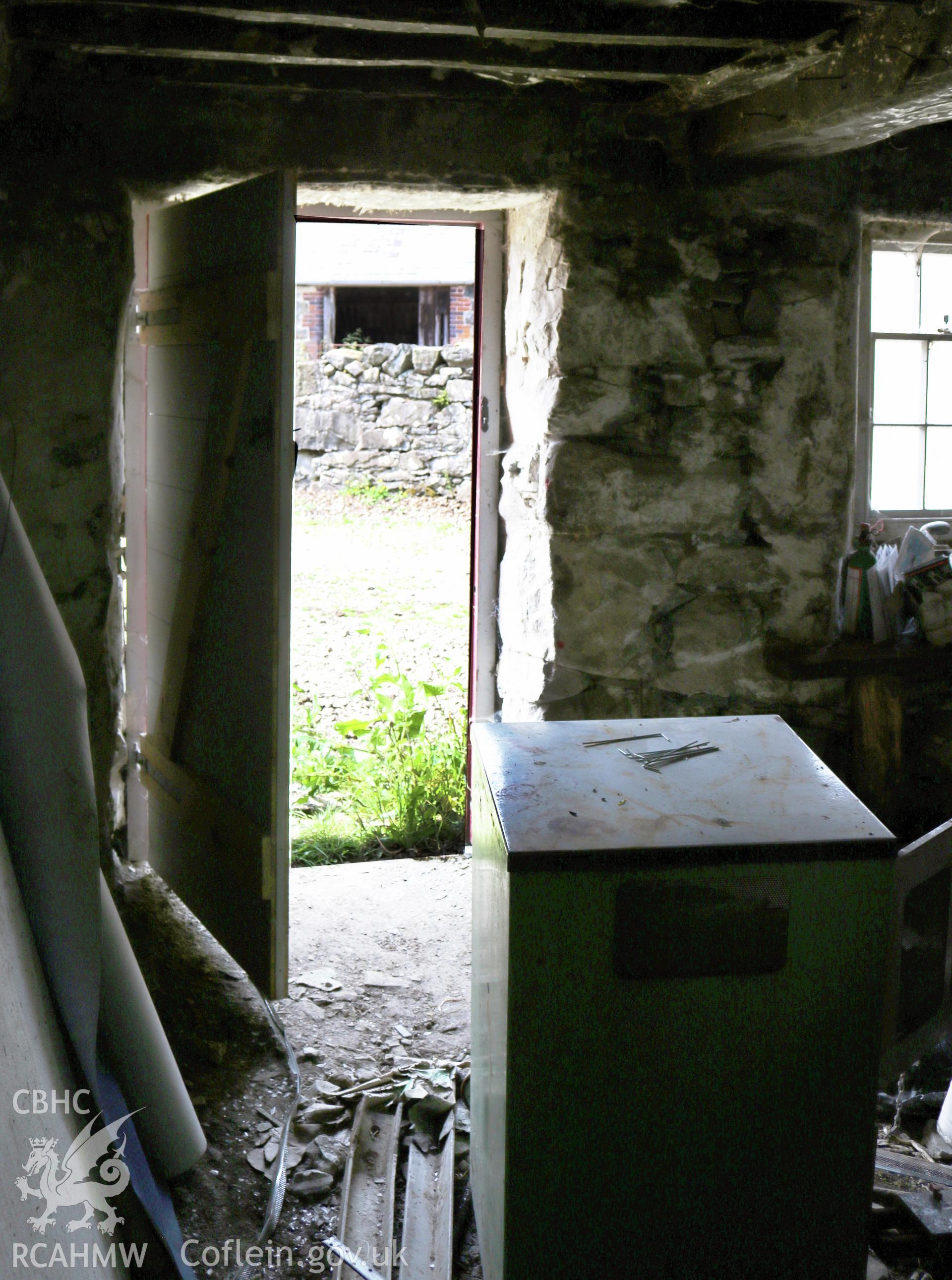 Photograph showing internal view of unidentified farm building, at Maes yr Hendre, taken by Dr Marian Gwyn, 6th July 2016. (Original Reference no. 0093)